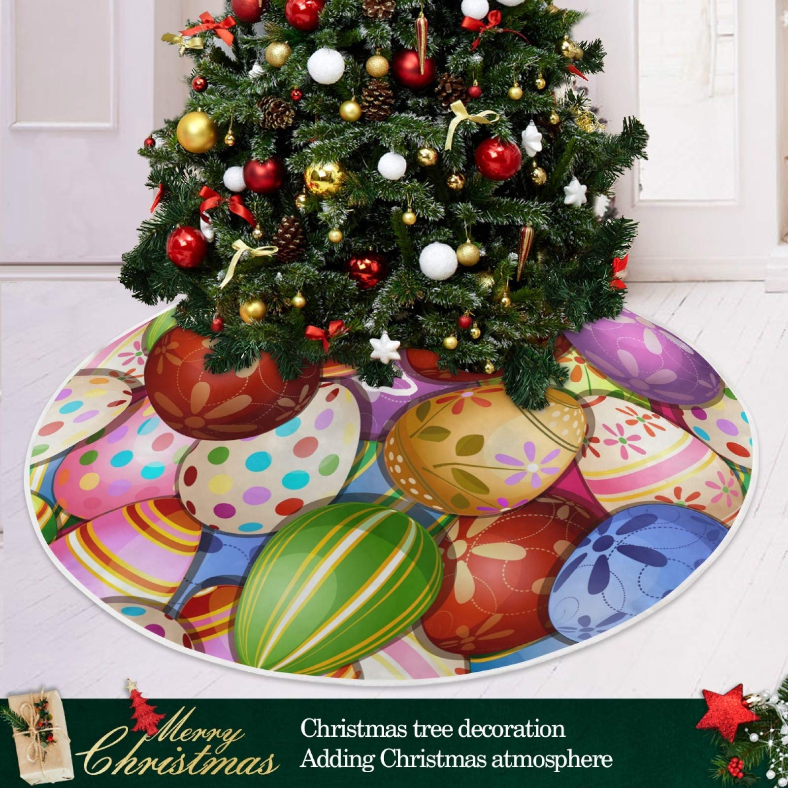 Qilmy 47.2 Inch Premium Suede Christmas Tree Skirt with Easter Egg Design - Holiday Party Decor for Indoor & Outdoor Use - Perfect for Christmas, Easter Celebrations & Home Decoration