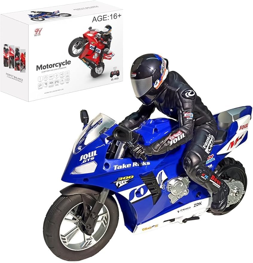 1/6 Scale Remote Control Motorcycle - 2.4G Self-Balancing Stunt Bike with 360° Rotating LED Light | RC Toy for Kids & Adults | Perfect Gift for Birthday, Christmas | Outdoor & Indoor Play (Blue)