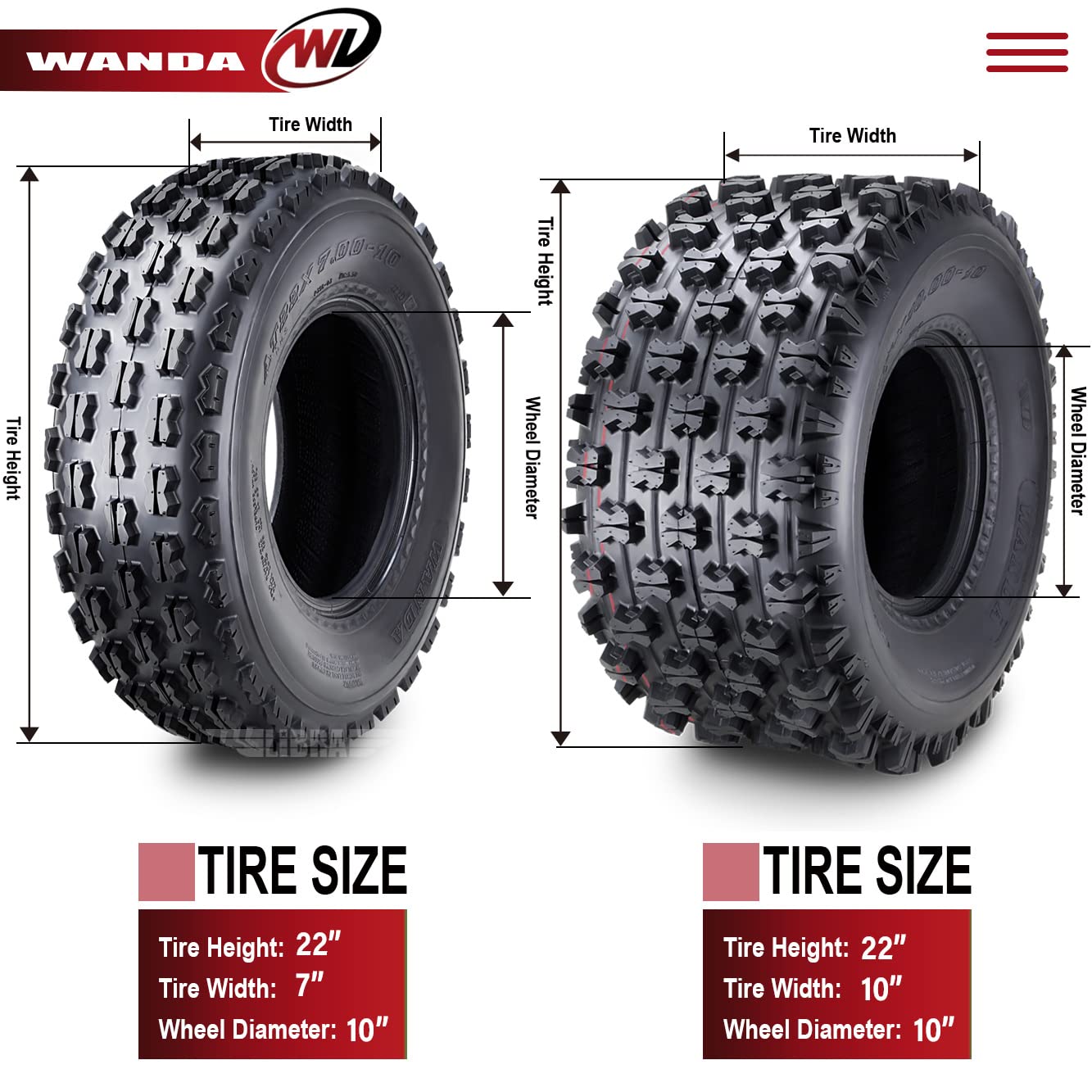 WANDA Set of 4 ATV Tires 22x7-10 & 22x10-10 for Kymco MXU 150 250 270 300 - High-Performance GNCC Racing Tires for Off-Road Trails, Mud, and Dirt Track Racing