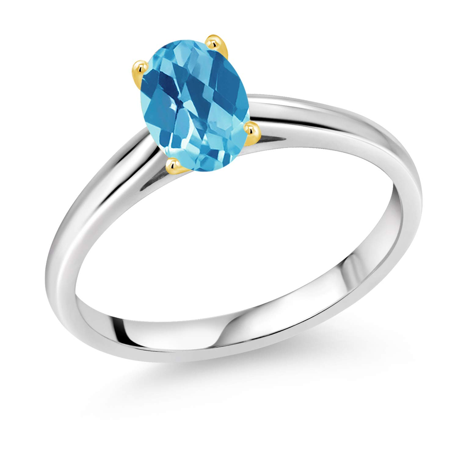 1.00 Ct Oval Swiss Blue Topaz Ring in 10K White Gold with Yellow Gold Prongs - Elegant Gemstone Jewelry for Women, Perfect for Engagement, Anniversary & Special Occasions