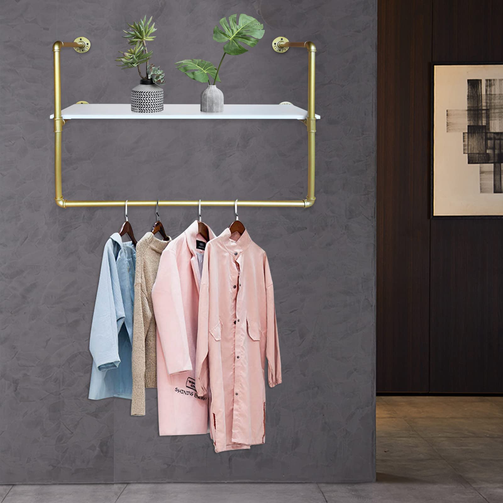 Modern Industrial Pipe Clothes Rack - Wall Mounted Storage Shelf for Hanging Garments | Space-Saving Organizer for Living Room, Bedroom & Clothing Stores