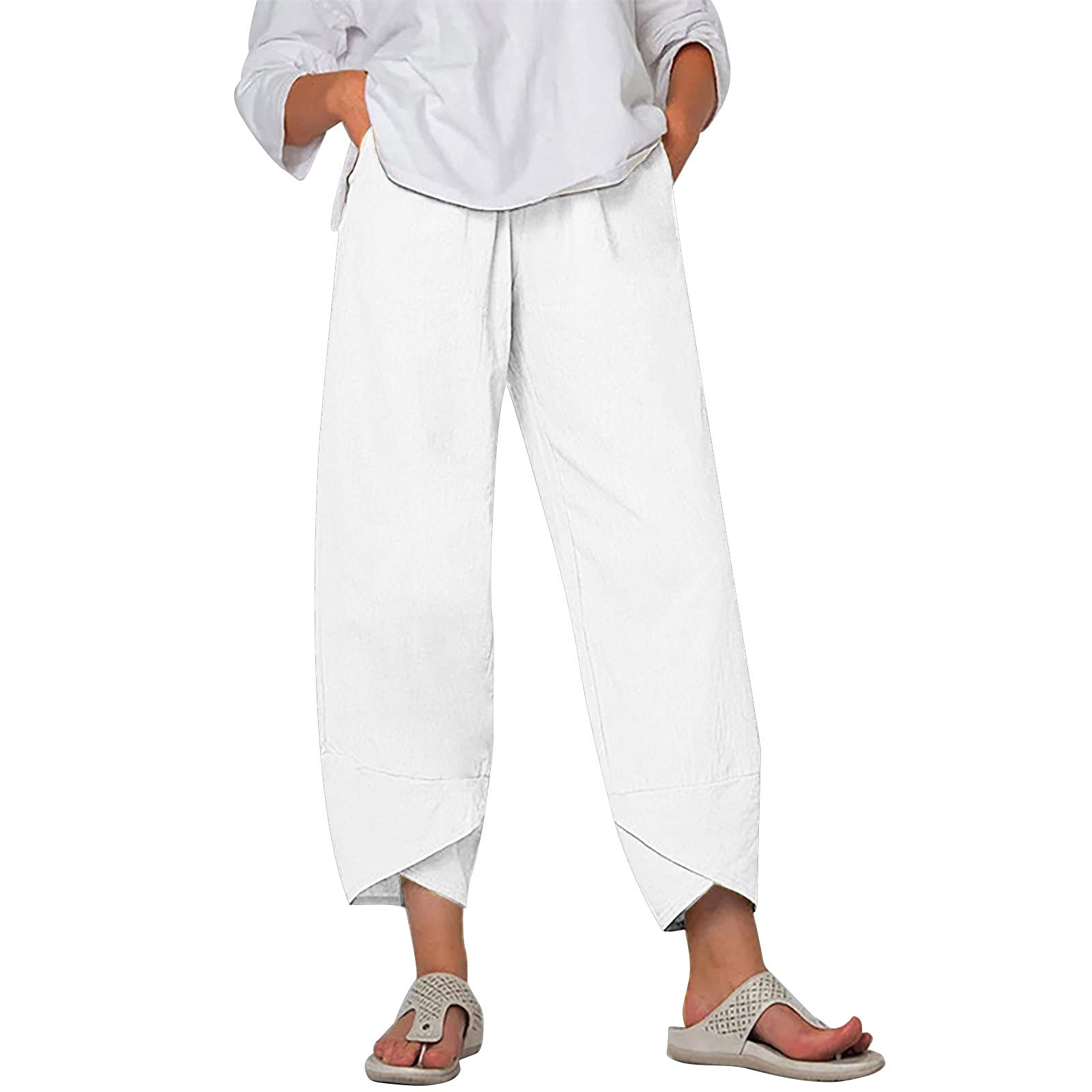 Women's Linen Capri Pants - Wide Leg High Waist Harem Pants with Floral Print | Summer Lounge Trousers for Casual Wear, Beach Vacation & Yoga