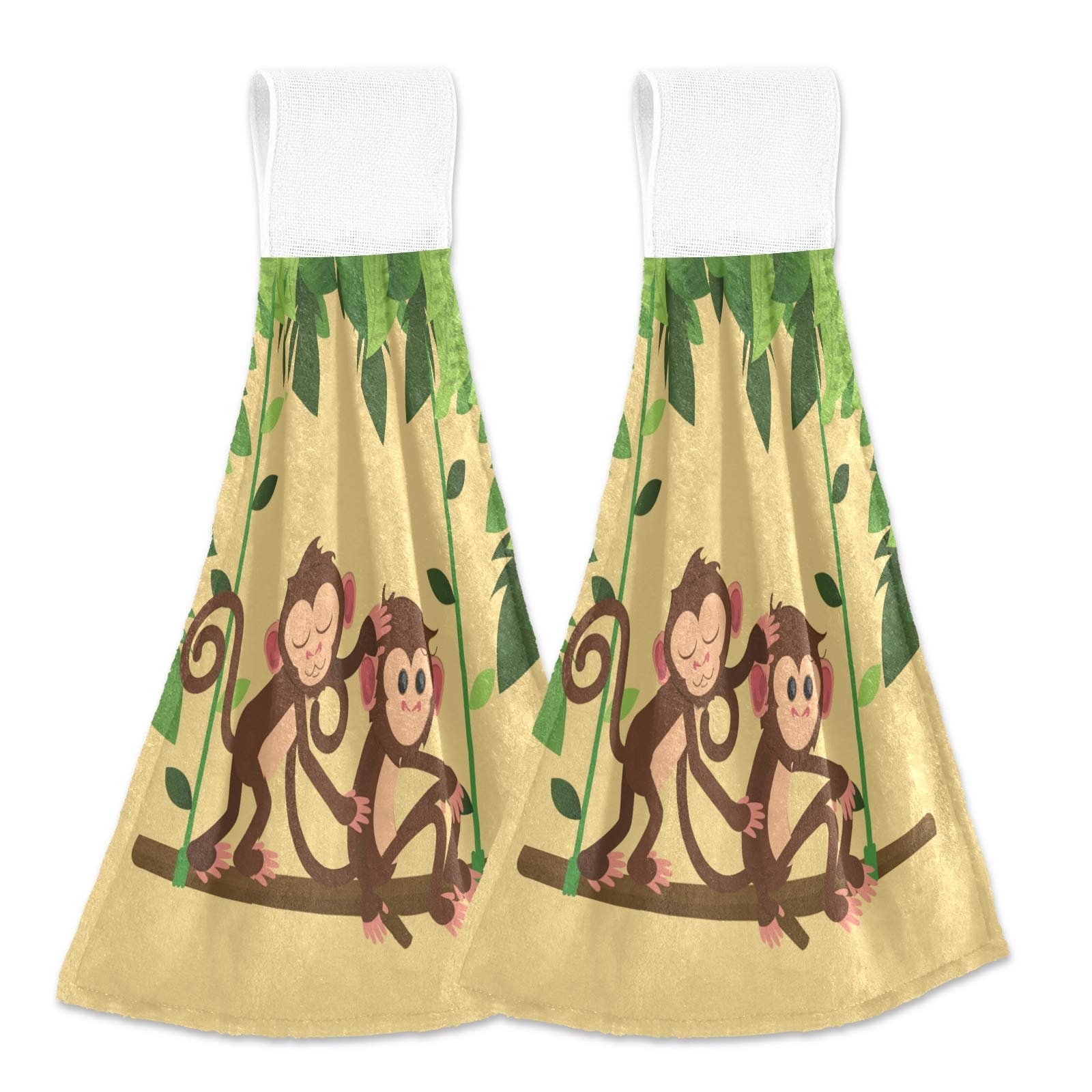 Alaza 2 Pack Absorbent Kitchen Towels with Jungle Monkey Swing Design - Soft Hand Towels & Hanging Dish Towels for Kitchen, Bathroom, and Dining Room Decor