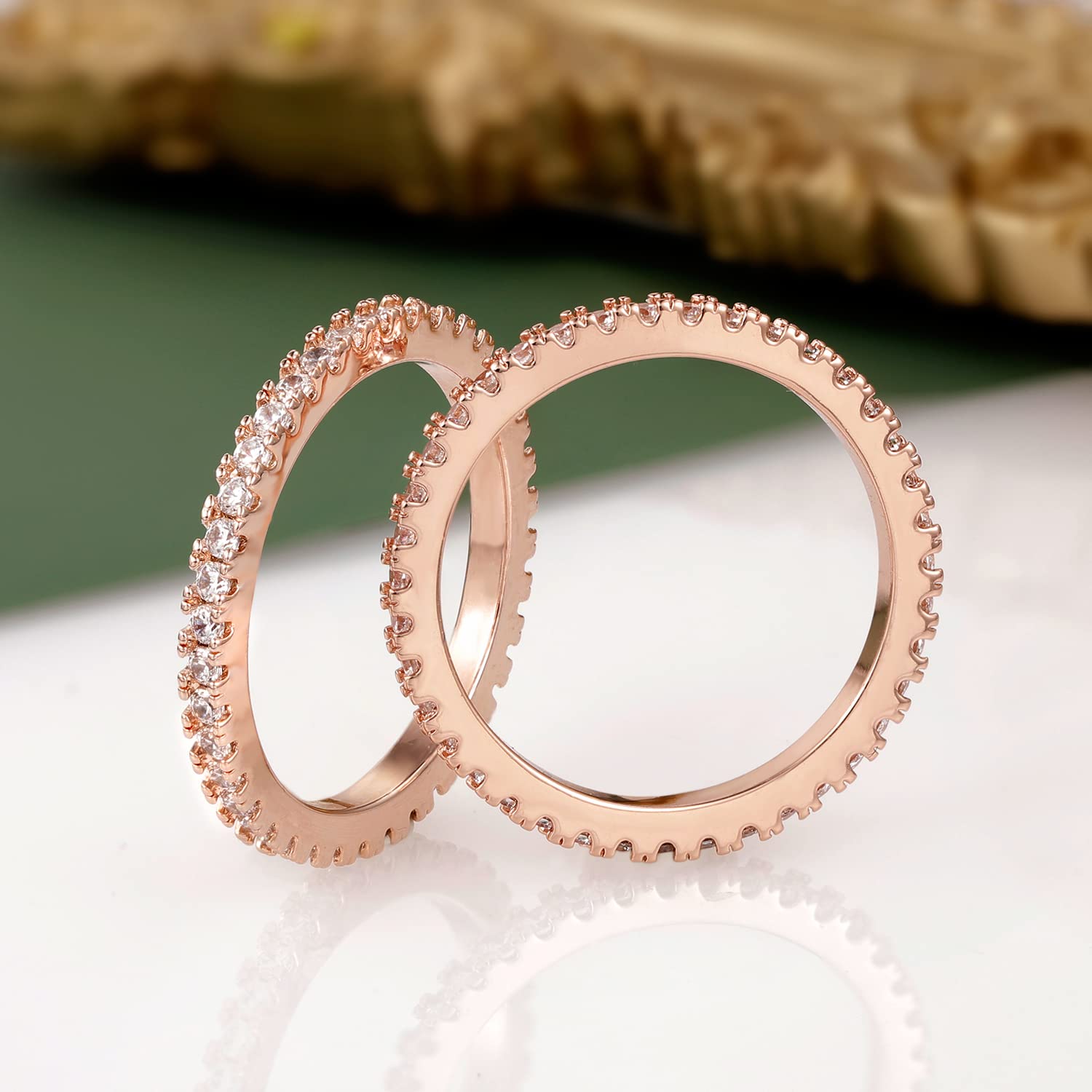 VOLUKA Eternity Stacking Rings for Women & Men - 18K Rose Gold Plated Cubic Zirconia Thin Band Rings - Perfect for Layering, Anniversary Gifts & Everyday Elegance