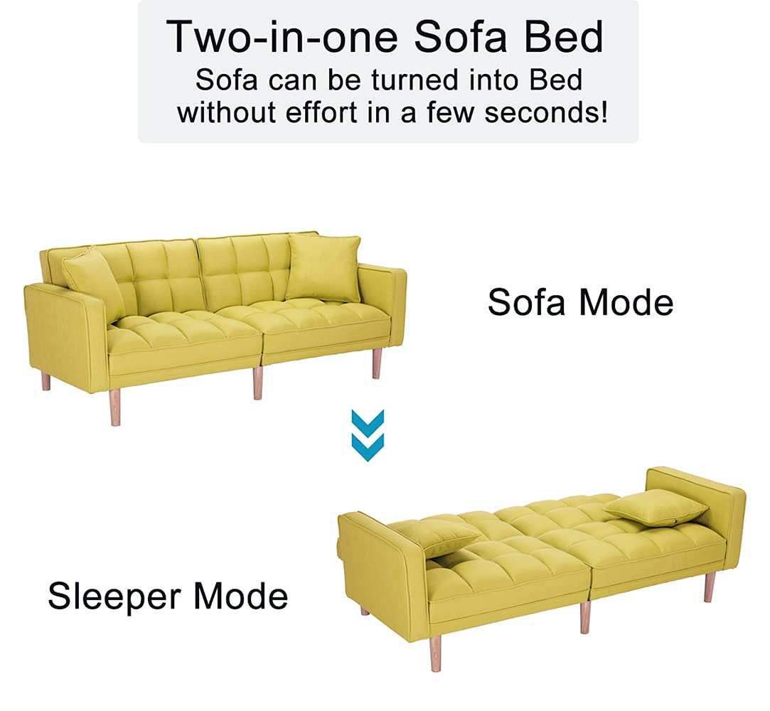 Modern Convertible Futon Sofa Bed with Armrests & 2 Pillows - Twin Size Sleeper Sofa for Living Room, Guest Room & Small Spaces - 5 Solid Wood Legs, Handpicked Yellow Fabric - Perfect for Apartments, Dorms & Home Offices