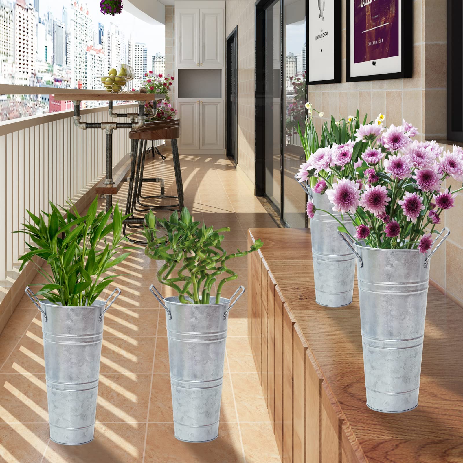 Notakia Galvanized Metal Vases Set of 4 - 9 Inch Farmhouse French Style Flower Buckets for Cut Flowers, Home Decor, Wedding Centerpieces - Rustic Silver Vases for Dining Table, Living Room, and Outdoor Decor