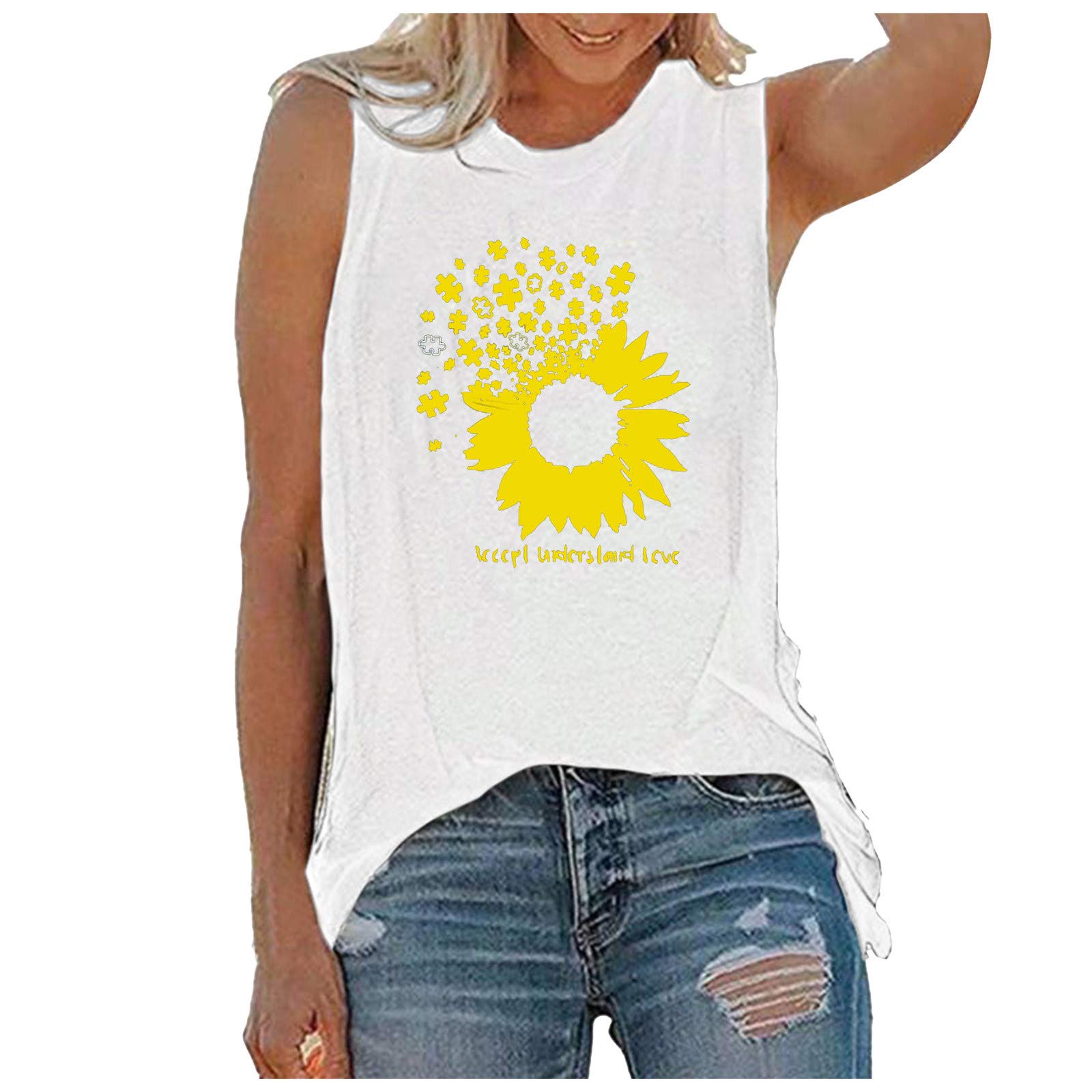 Sexy Sunflower Print Plus Size Women's Tank Tops - Summer Short Sleeve Tunic Tops for Casual Wear & Beach Outfits