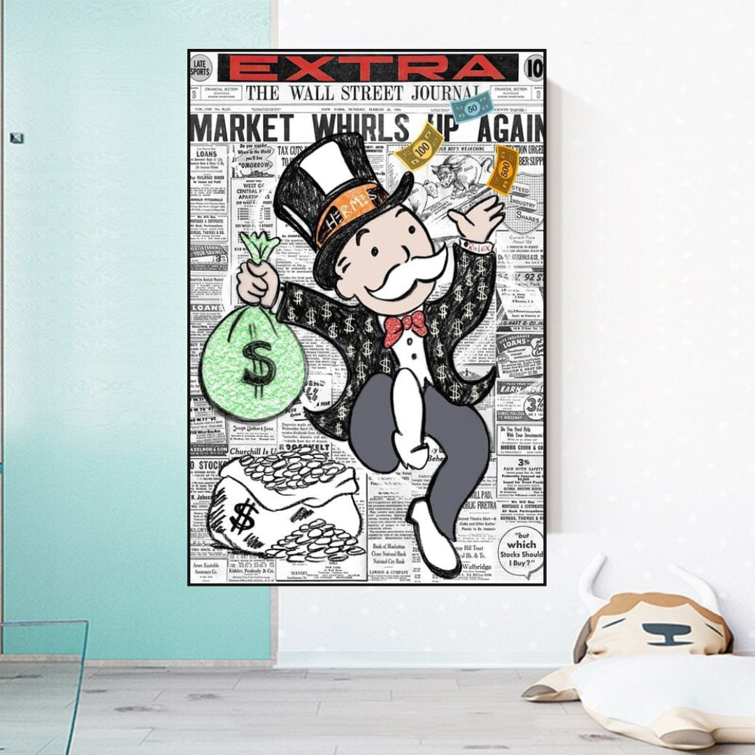 Alec Monopoly Money Bag Newspaper Print Canvas Wall Art - Modern Pop Art Decor for Living Room, Bedroom & Office