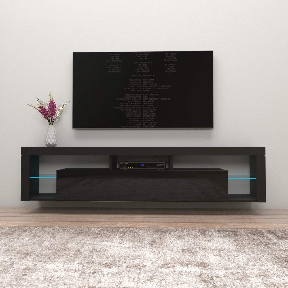 Modern Floating TV Stand Milano 200 - High Gloss Wall Mounted Entertainment Center with LED Lights & Storage Cabinets - Fits TVs Up to 90 Inches - Black - Perfect for Living Room, Bedroom & Home Theater Setup