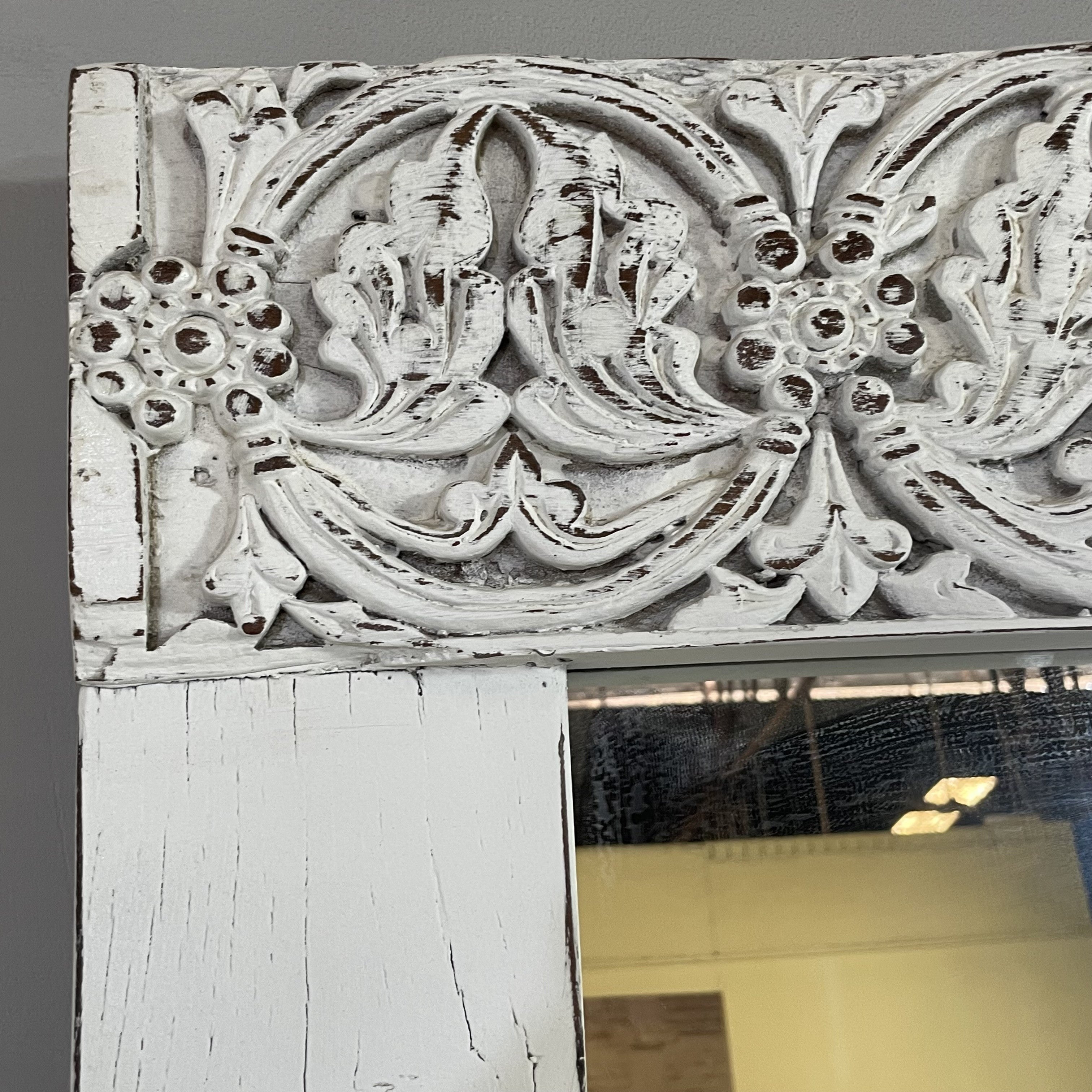 Handcrafted Indian Solid Hardwood Mirror Frame - White Carved Wooden Mirror - 47
