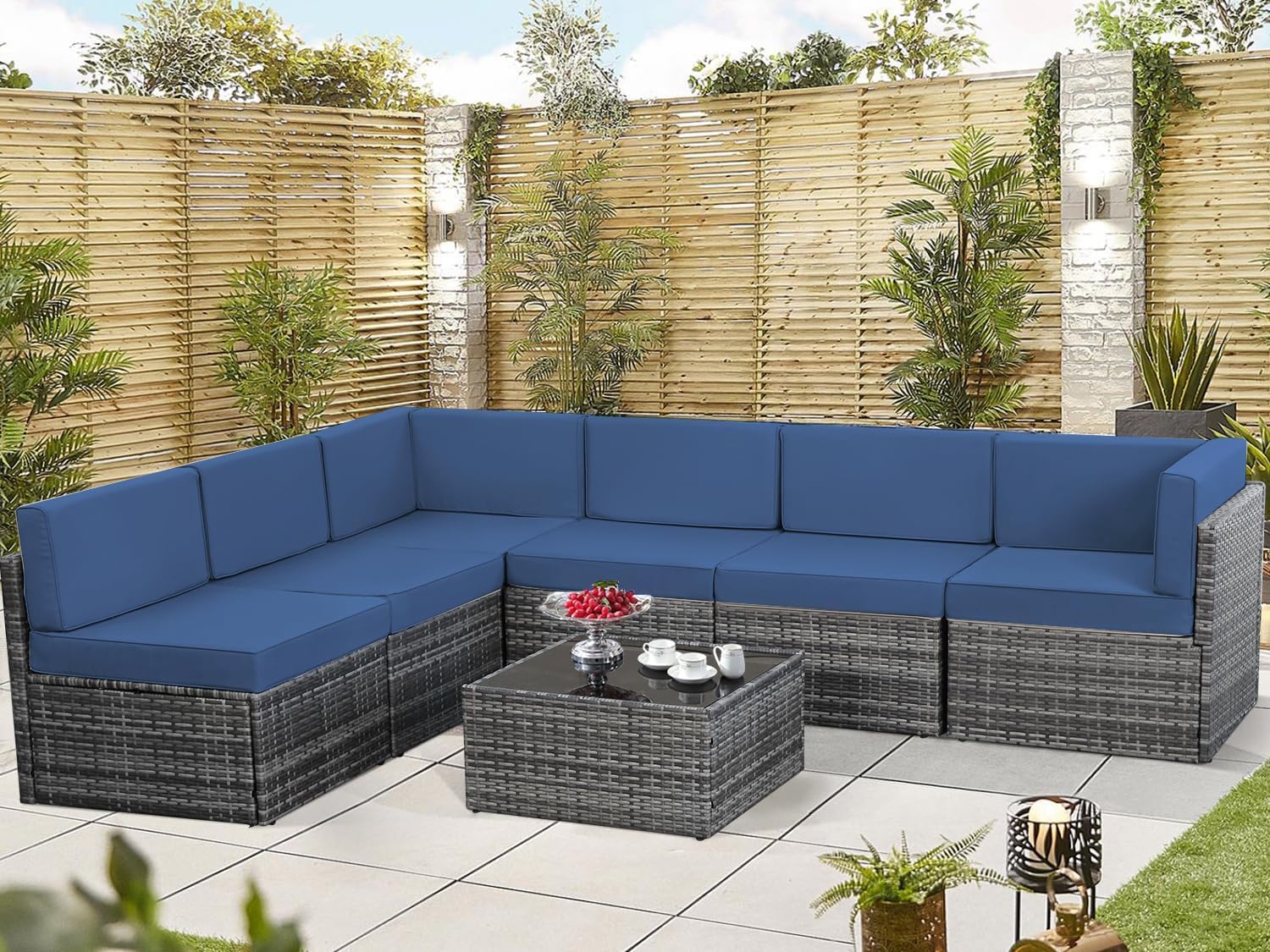 U-MAX 7-Piece Outdoor Patio Furniture Set - PE Rattan Wicker Sectional Sofa with Cushions & Coffee Table - Grey Rattan & Navy Blue Cushions - Perfect for Garden, Poolside, and Backyard Relaxation