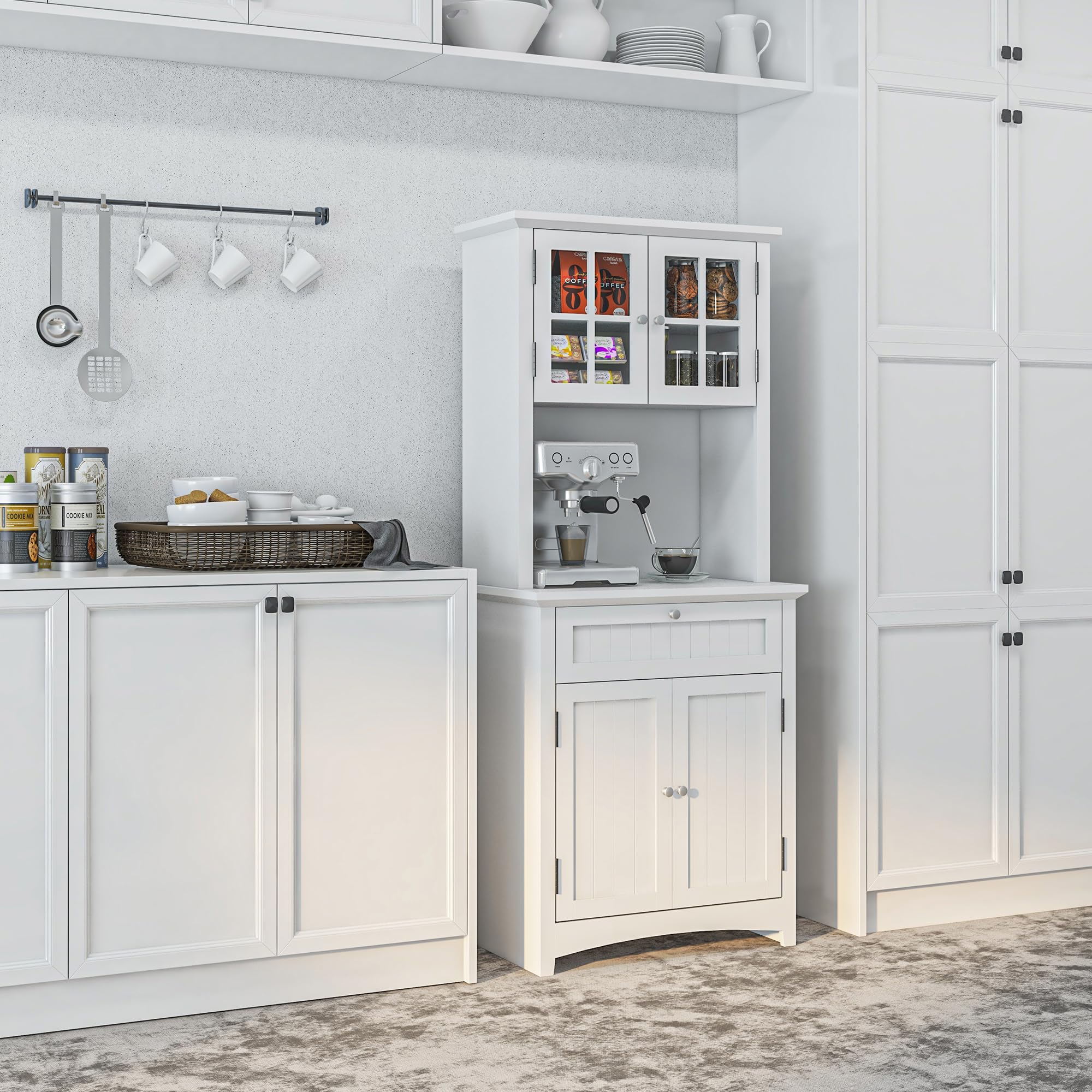 HOMCOM Wooden Kitchen Cupboard with Glass Door & Drawer - Microwave Storage Cabinet for Dining Room & Living Room - White - Perfect for Small Space Organization & Home Decor