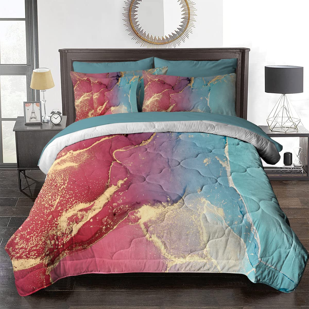BlessLiving 8-Piece Marble Comforter Set - Queen Size Geometric Bedding in Blue & Red | Abstract Colorful Duvet Cover, Sheets, Pillowcases, Shams & Cushion Cover | Modern Luxury Bedroom Decor for Guest Rooms & Master Suites
