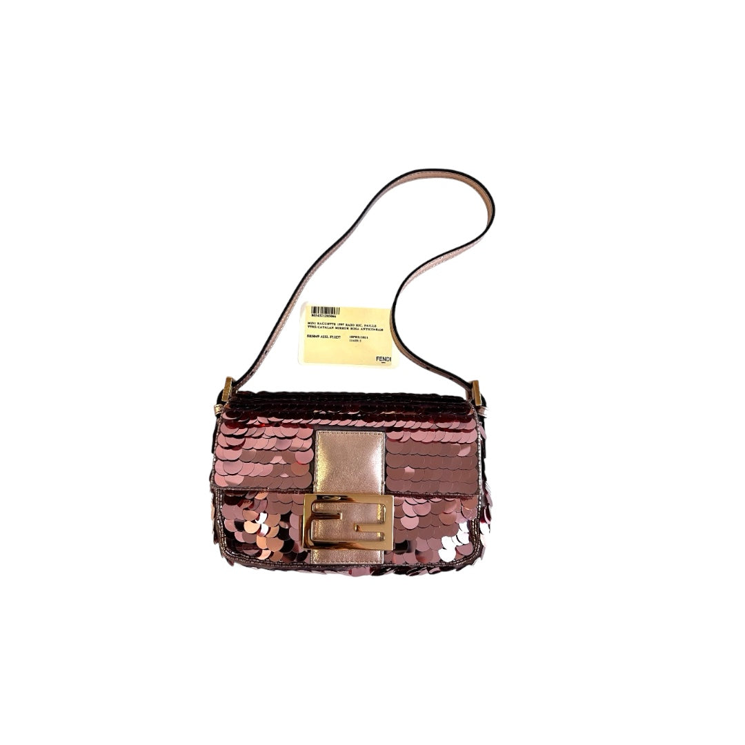 Fendi Rose Gold Sequin Mini Baguette Bag - Luxury Designer Crossbody Purse for Women | Perfect for Parties, Weddings & Evening Events