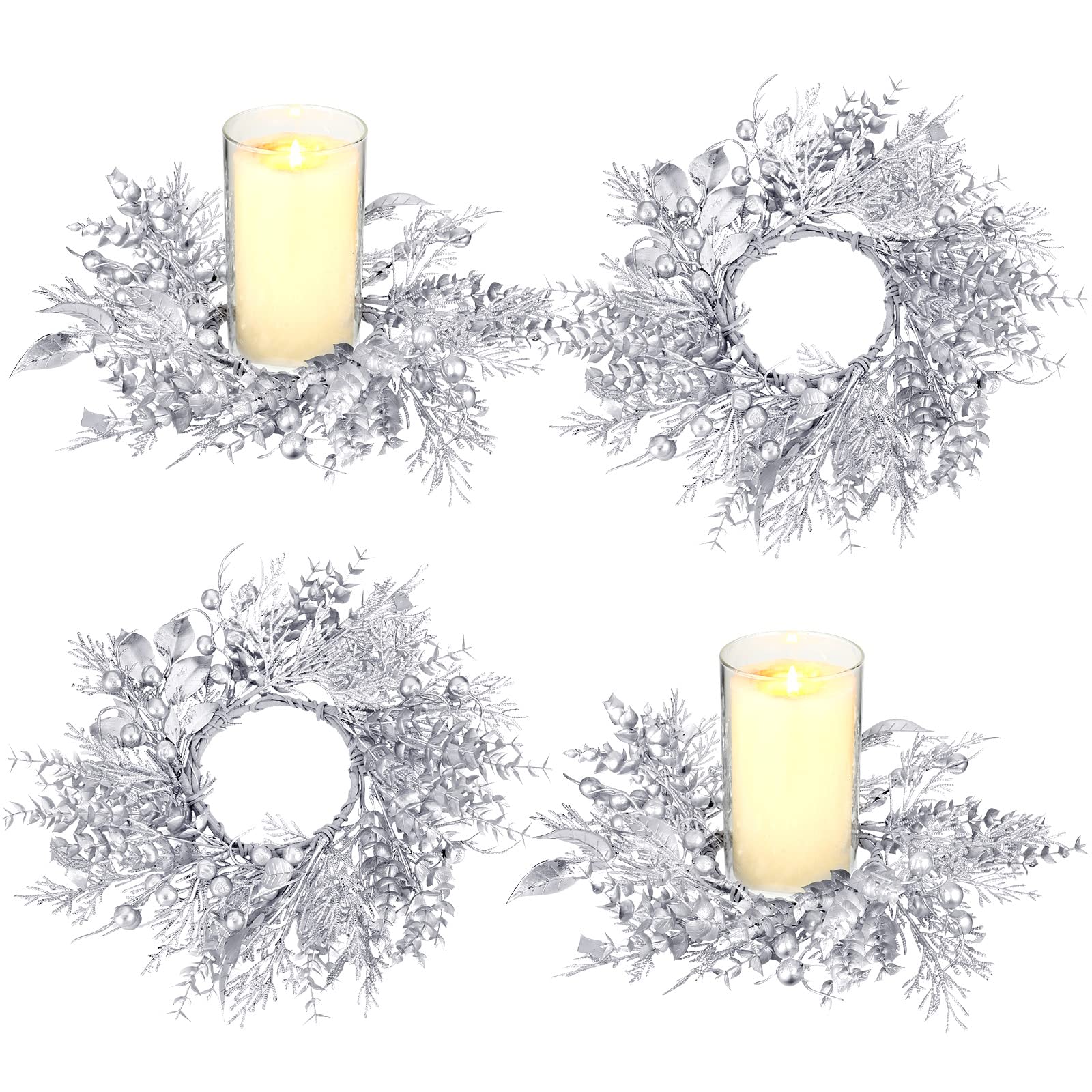 4-Piece Christmas Candle Rings Set - Mini Holiday Wreath Decorations for Candles, Tables, and Fireplace Mantels - Perfect for Christmas, Weddings, Parties, Living Room & Dining Table Decor (Twigs Design)