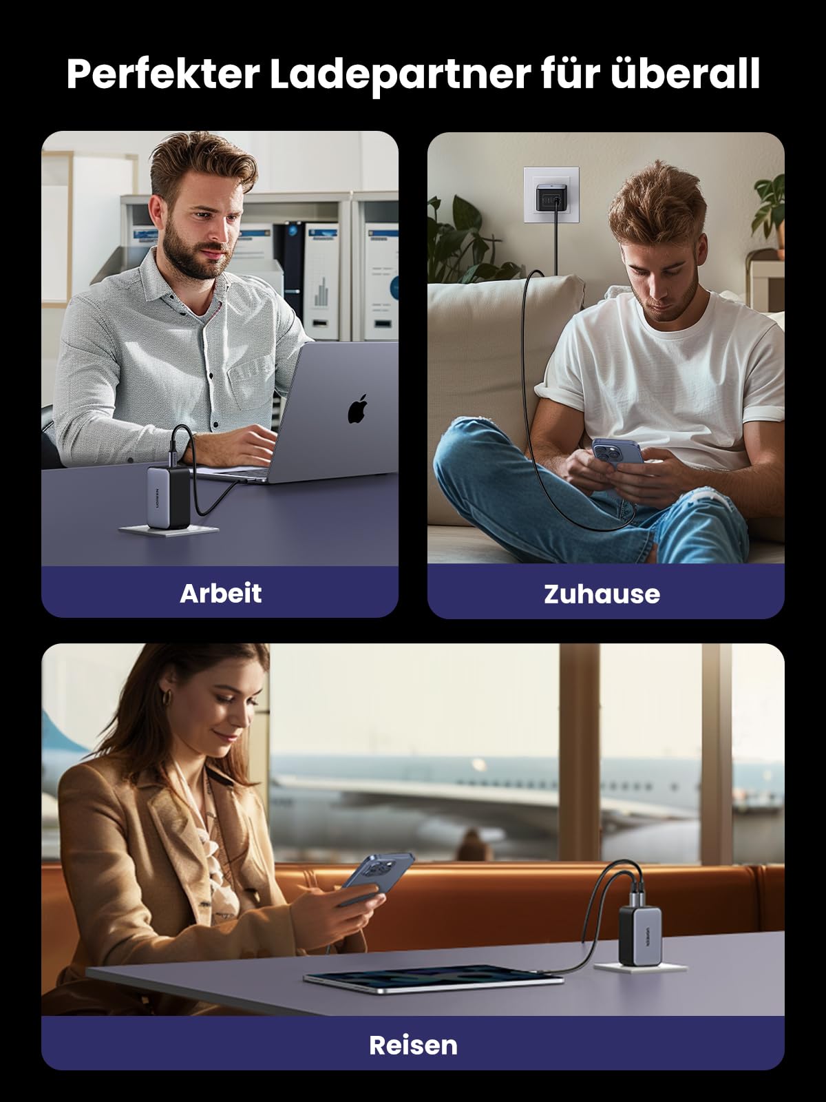 UGREEN Nexode 65W GaN USB C Fast Charger with 3 Ports - Compact PD Charger for MacBook Pro/Air, HP Laptop, iPad Pro, iPhone 16/16 Pro, Galaxy S24 - Perfect for Travel, Office & Home Charging