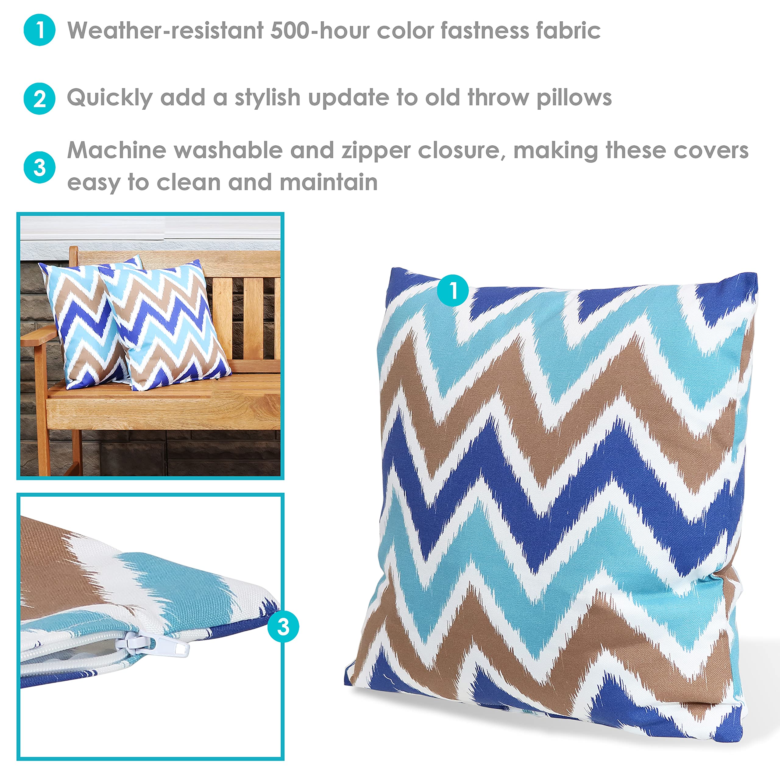 Sunnydaze Decorative Throw Pillow Covers Set of 2 - 17x17 Inch Square Indoor Outdoor Weather-Resistant Polyester Covers with Zipper Closure - Chevron Bliss Pattern for Sofa, Bed, Patio & Porch Decor