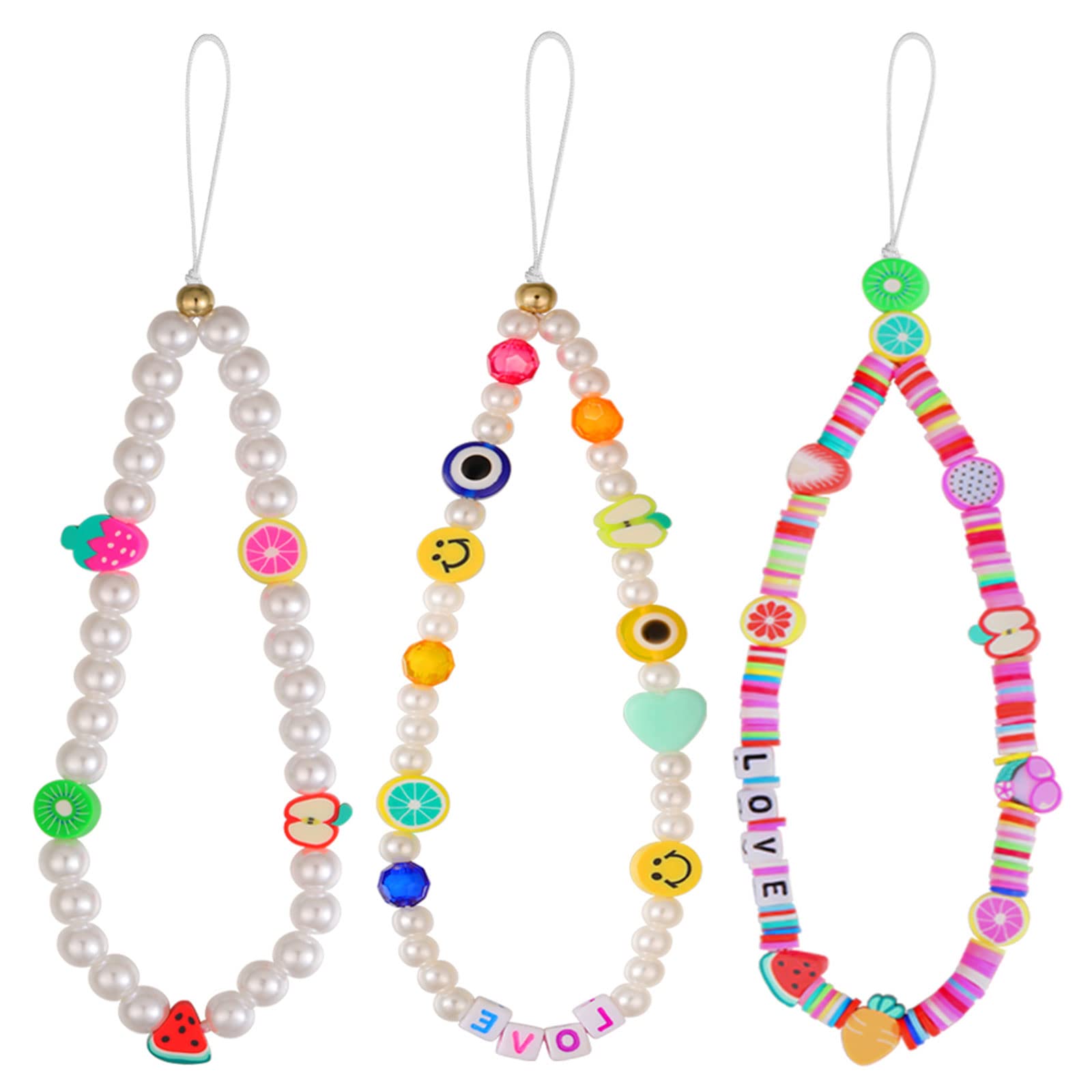 Honsny 6PCS Beaded Phone Charm - Smile Face & Evil Eye Phone Lanyard with Fruit Star Pearl Design, Adjustable Wrist Strap for Women & Girls - Perfect for Phones, Keys, ID Badges & Everyday Accessories