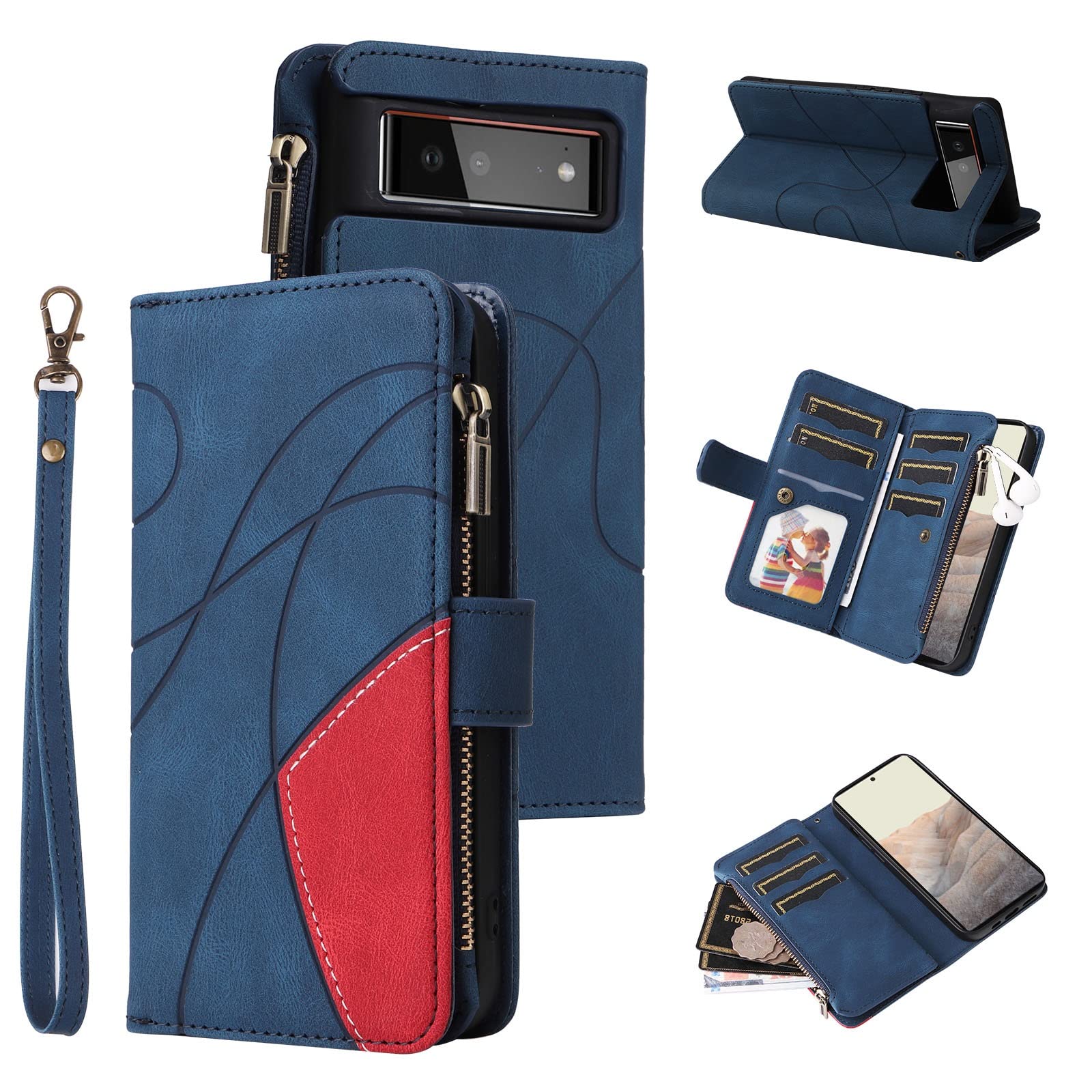 Google Pixel 6 Flip Wallet Case with 9 Card Slots & Wrist Strap - Premium Leather Zipper Phone Cover for Men Women (Blue) - Perfect for Travel, Shopping & Daily Use