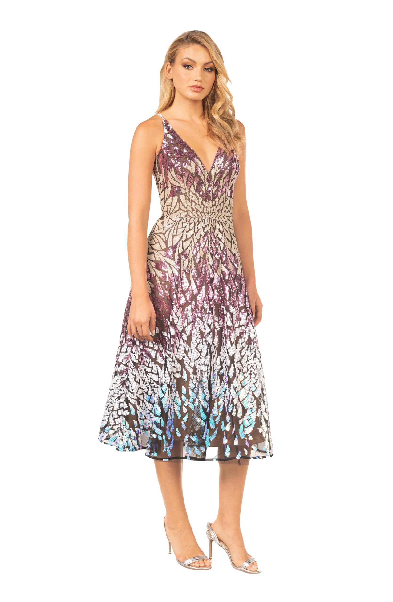 Dress the Population Women's Elisa Sleeveless Plunge Neckline Fit & Flare Midi Dress - Elegant Cocktail Party & Wedding Guest Dress