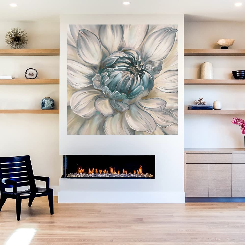 Botanical Wall Art Canvas - Daytime Dahlia Blue II Floral Painting - 22x22 Inch Bathroom & Bedroom Decor - Handmade Canvas Artwork for Home & Office - Perfect for Living Room, Spa, Salon Interior Design