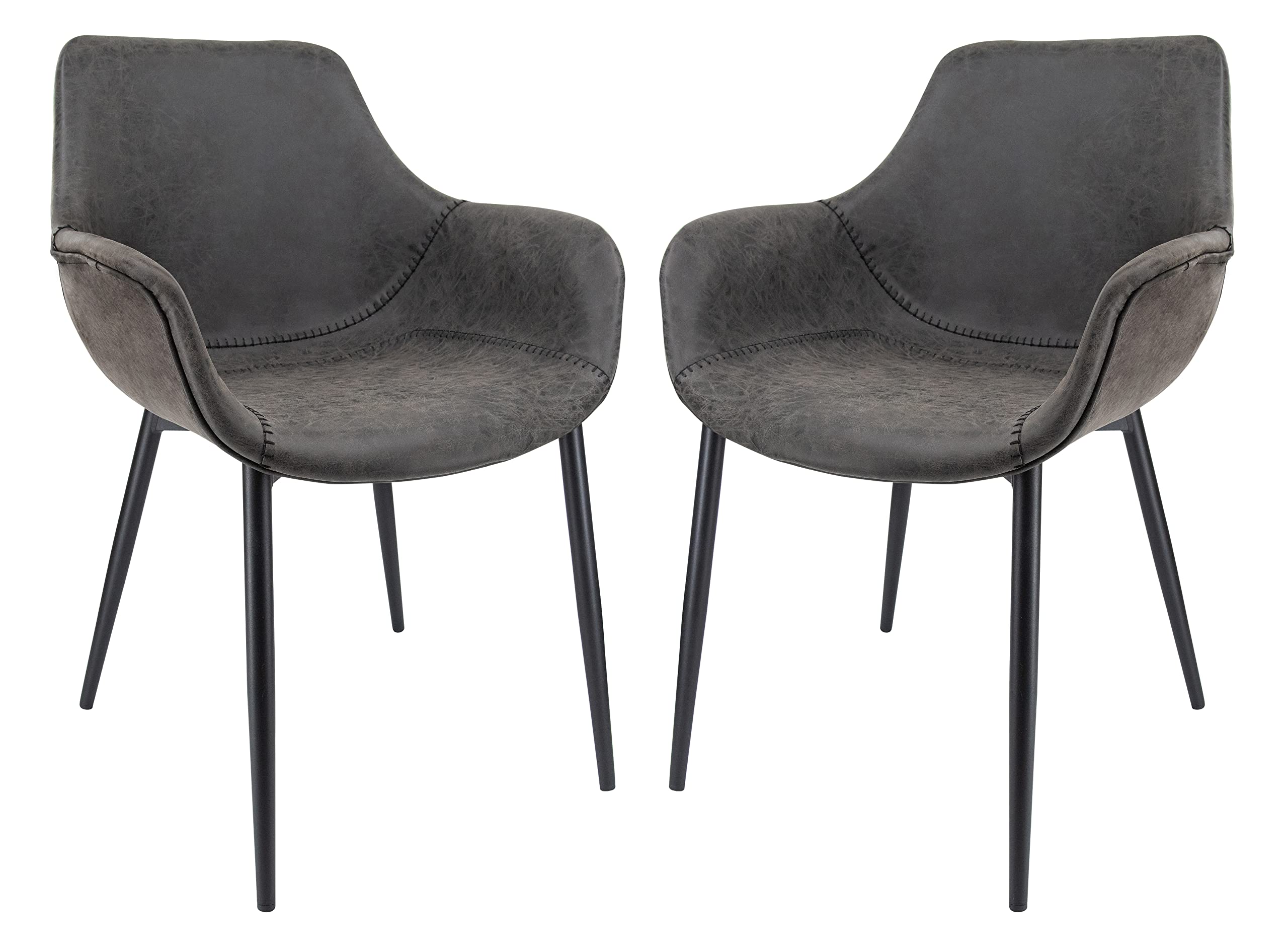 LeisureMod Markley Modern Leather Dining Chairs Set of 2 - Charcoal Black Upholstered Armchairs with Sturdy Metal Legs for Kitchen, Dining Room & Home Office