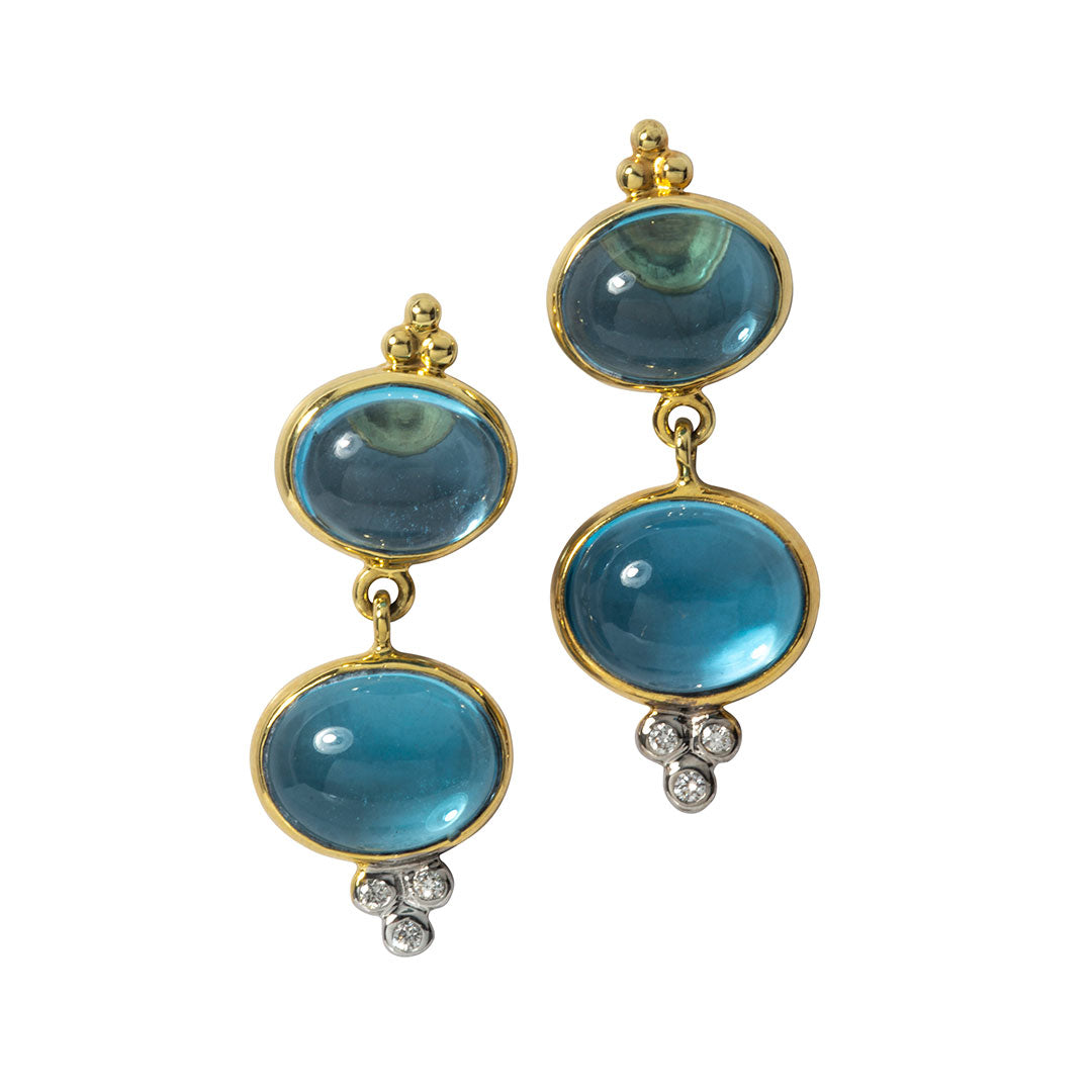 14K Yellow Gold Mazza Blue Topaz Double Drop Earrings for Women - Elegant Dangling Jewelry for Parties, Weddings & Special Occasions