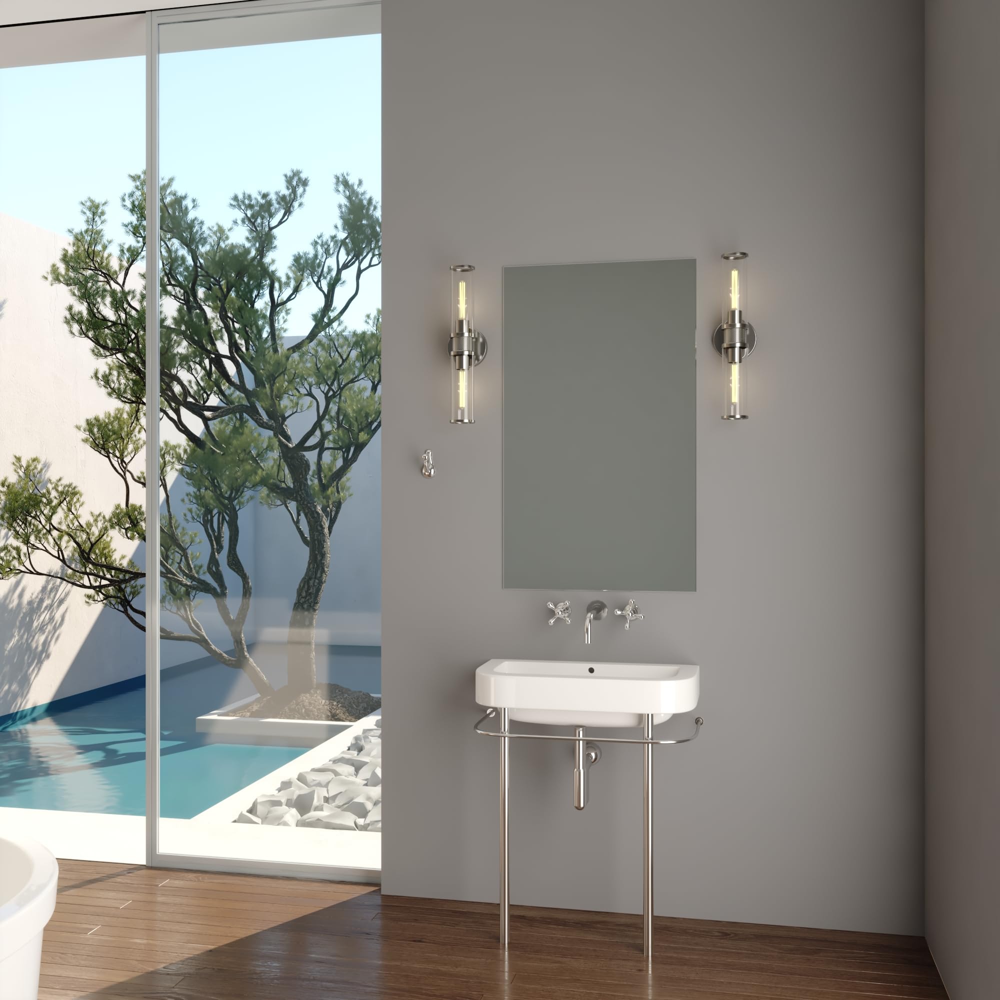 VAXCEL Levitt 2-Light Bathroom Vanity Light Fixture - Mid Century Modern Industrial Style with Polished Nickel Finish & Clear Glass Shades - Perfect for Bathroom, Powder Room, and Dressing Area Lighting