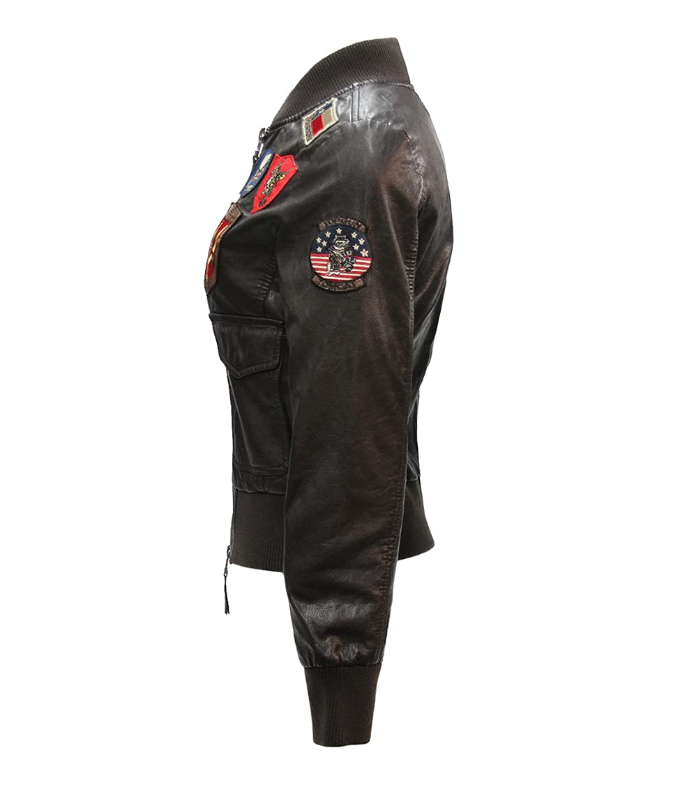 Top Gun Women's Vegan Leather Bomber Jacket with Patches - Stylish Vegan Leather Jacket for Women, Fashionable Faux Leather Bomber with Embroidered Patches - Perfect for Casual Outfits, Night Out, and Motorcycle Riding