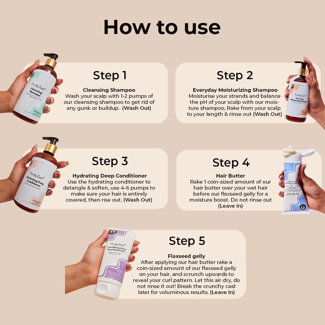 Fix My Curls Complete Curl Care Travel Kit - 5-Piece Set with Cleansing Shampoo, Moisturizing Shampoo, Hydrating Conditioner, Hair Butter & Curl Defining Gelly (50ml Each) for Dry, Frizzy Hair - Perfect for Travel, Gym & On-The-Go Curly Hair Care