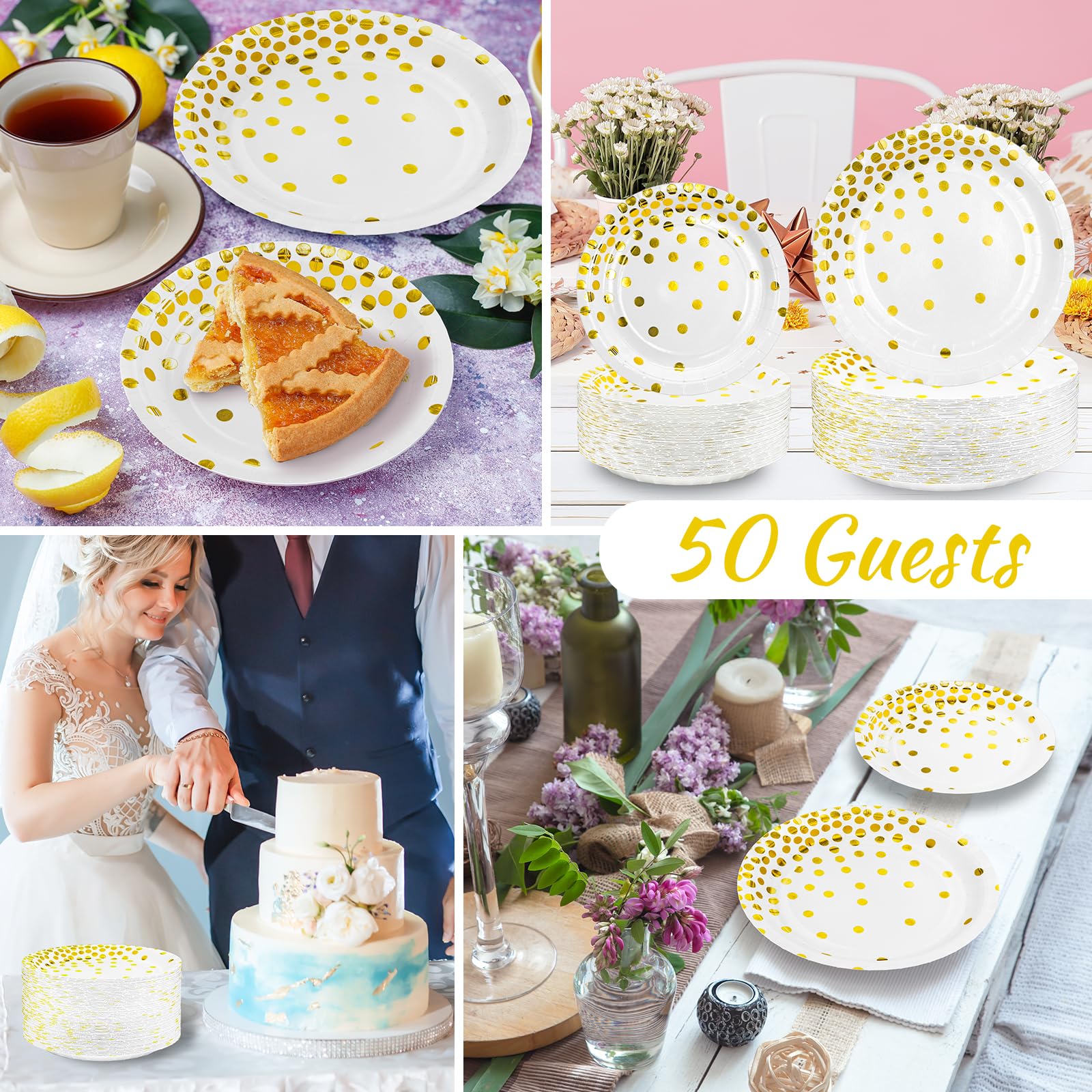 DYLIVeS 9 Inch White and Gold Metallic Foil Polka Dot Disposable Paper Plates - Elegant Dessert & Cocktail Party Supplies for Birthday, Bridal Shower, Easter, Graduation Decorations - 50 Pack - Perfect for Elegant Events, Holiday Gatherings & Special Occasions