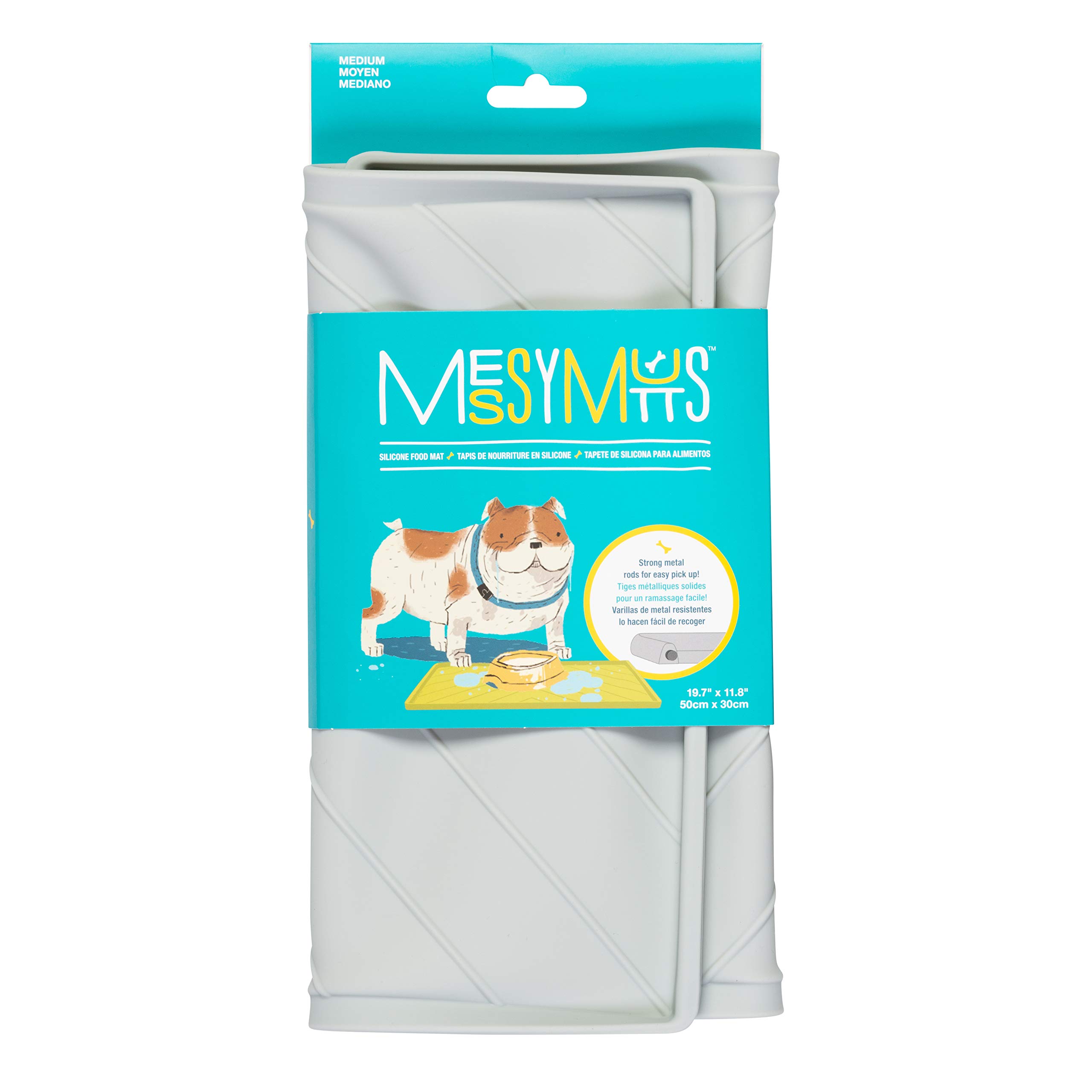 Non-Slip Silicone Dog Bowl Mat with Raised Edge & Metal Rods - Spill-Proof Pet Feeding Mat for Messy Eaters - Medium 20”x12” Light Grey - Perfect for Dogs & Cats at Home or Travel
