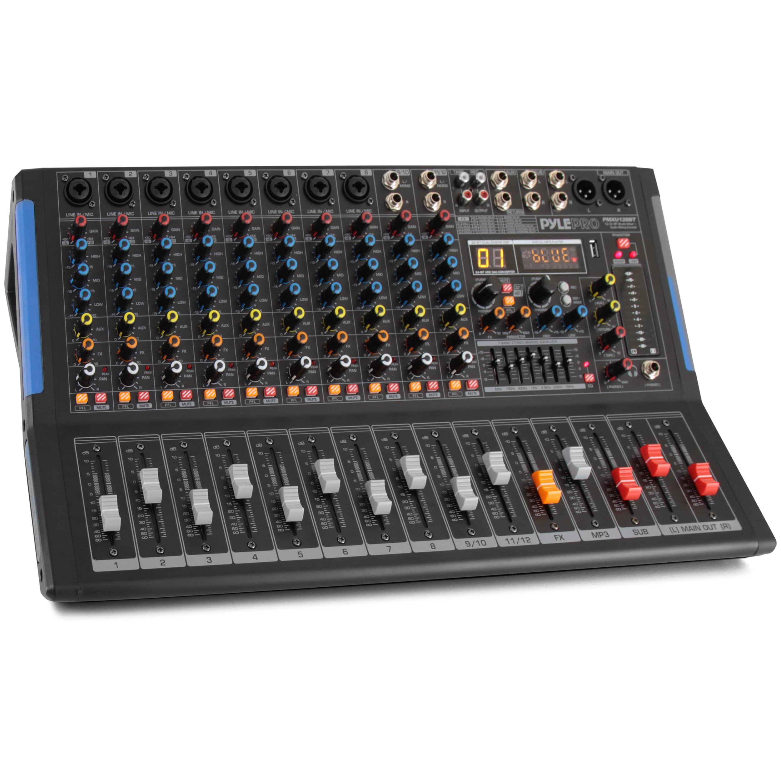 PYLE PMXU128BT 12-Channel Bluetooth DJ Mixer - Professional Studio Audio Mixer with USB, RCA, XLR Inputs, 48V Phantom Power for PC Recording | Perfect for Home Studios, Live Performances & Podcasting