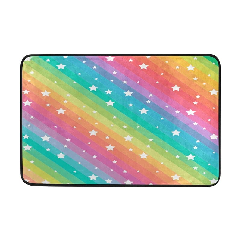 Non-Slip Welcome Doormat - Soft Absorbent Indoor/Outdoor Entrance Rug - Rainbow Star Colorful Design - 24