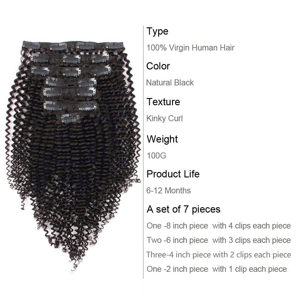 ABH AMAZINGBEAUTY Kinky Curly Clip-in Hair Extensions 3C/4A - 100% Remy Human Hair Double Wefts for African American Women - 120g #1B Natural Black 22 Inch - Perfect for Daily Styling, Special Occasions & Protective Hairstyles