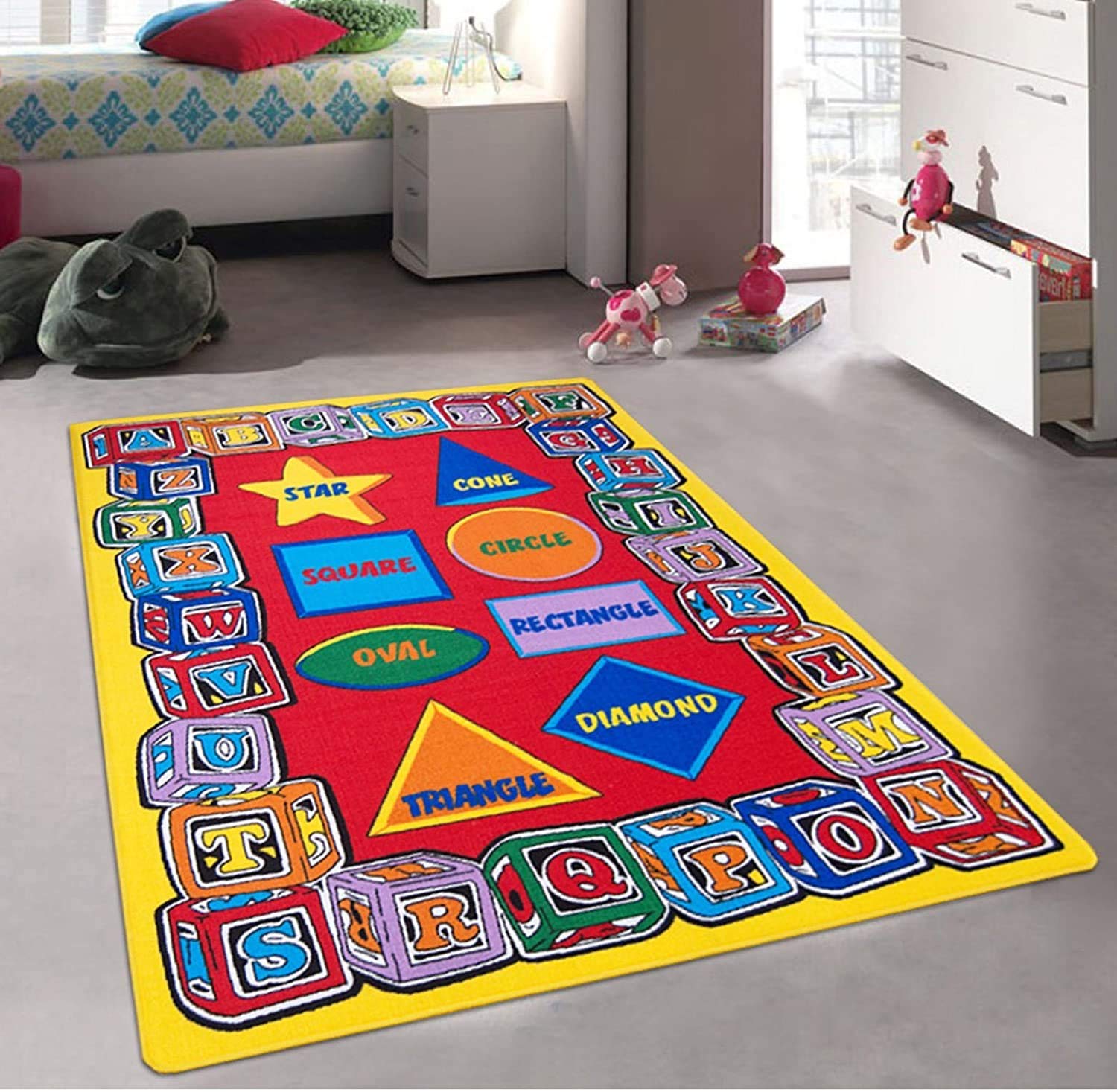 Kids Educational Area Rug - 8x10 Feet Non-Slip Play Mat with Shapes (Square, Rectangle, Triangle) for Classroom & Nursery | Perfect for Learning, Playtime & Toddler Safety