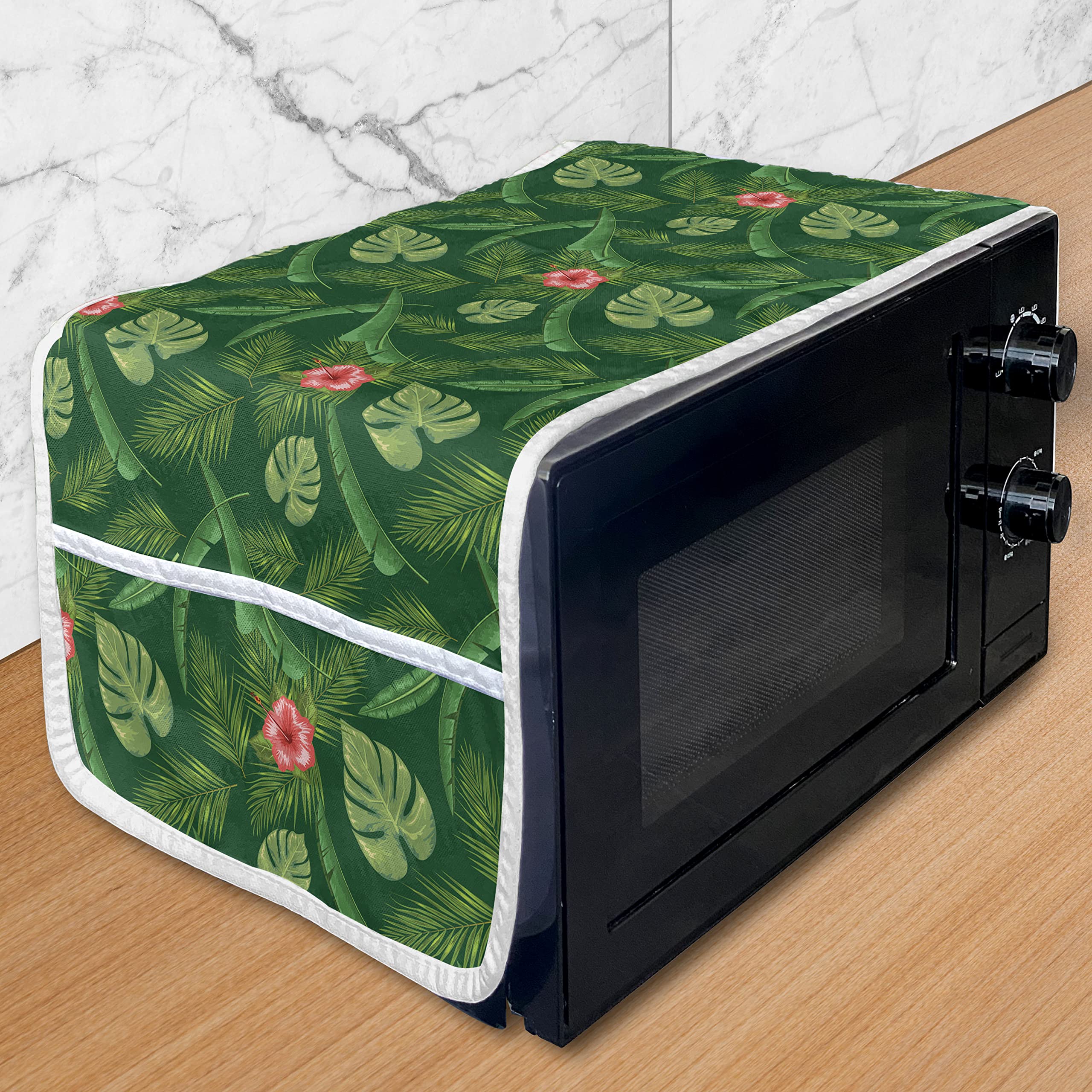 Ambesonne Monstera Microwave Oven Cover - Tropical Hibiscus & Coconut Palm Leaves Design, Waterproof Kitchen Organizer with Pockets, 36