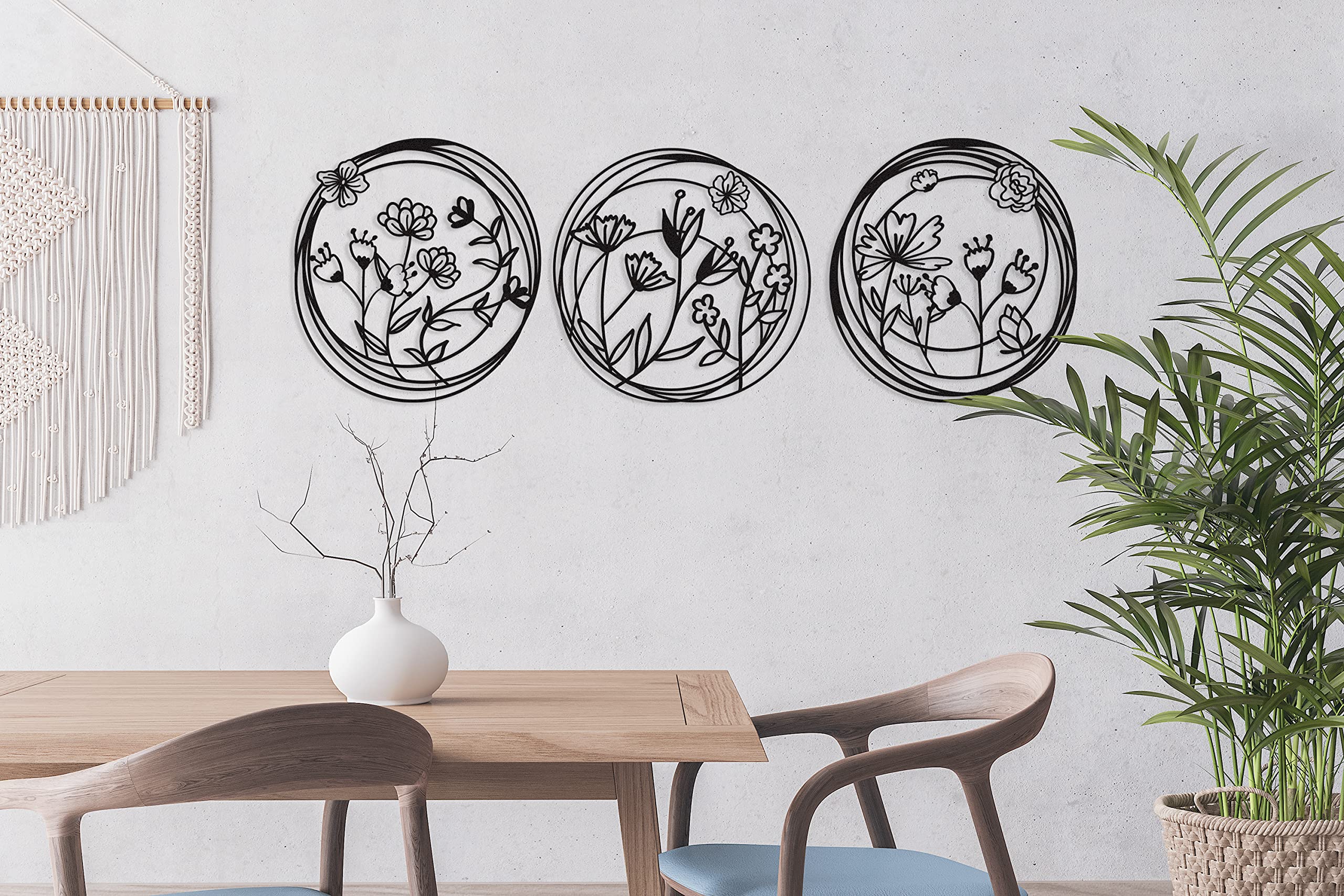 Black Metal Wall Art Set - 42x14 Inch Floral Wall Decor for Bedroom & Living Room | Elegant Home & Office Decoration | Perfect for Housewarming & Wedding Gifts