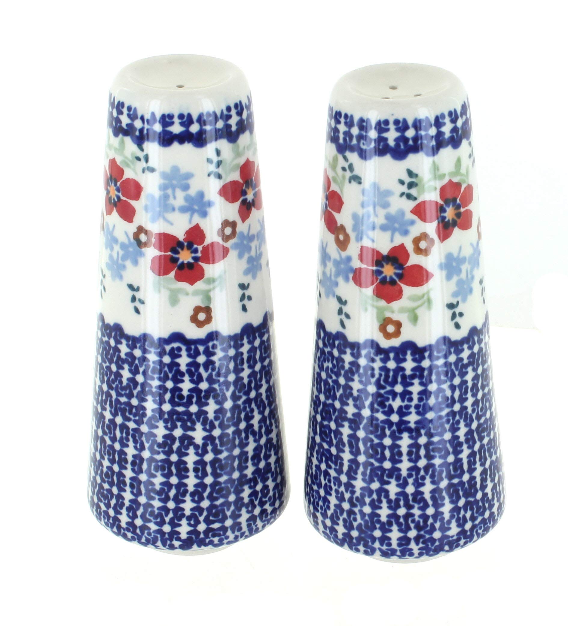 Handmade Blue Rose Polish Pottery Red Poppy Salt and Pepper Shakers Set - Vintage Ceramic Spice Shakers for Kitchen, Dining Table & Gift Giving