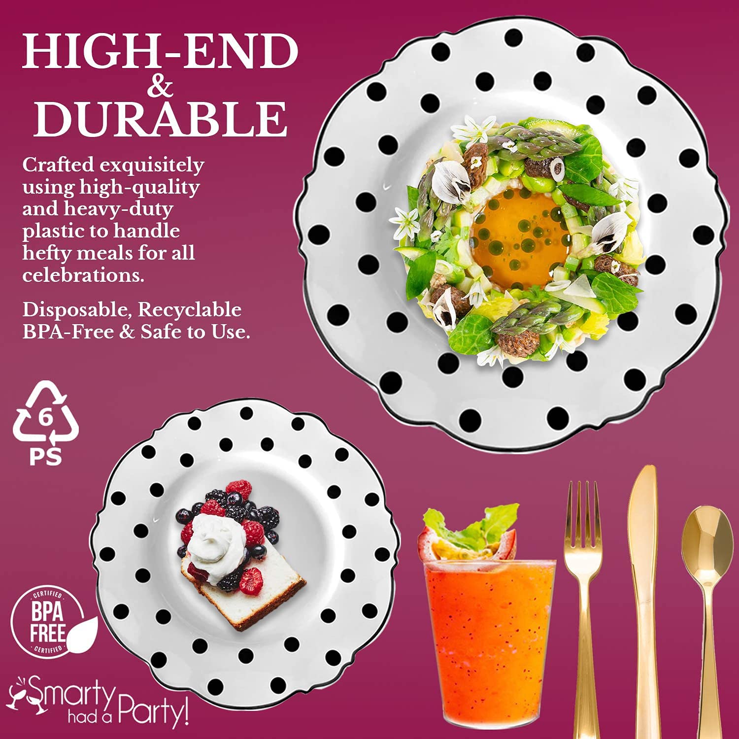 Eco-Friendly Disposable Plastic Dinnerware Set with Round Dots - 720pcs (120 Person) Wedding Party Value Pack - Includes Dinner Plates, Salad Plates, Gold Cutlery (Spoon, Fork, Knife) & Clear Cups - Elegant White with Black Design - Perfect for Weddings, Parties, Catering & Outdoor Events