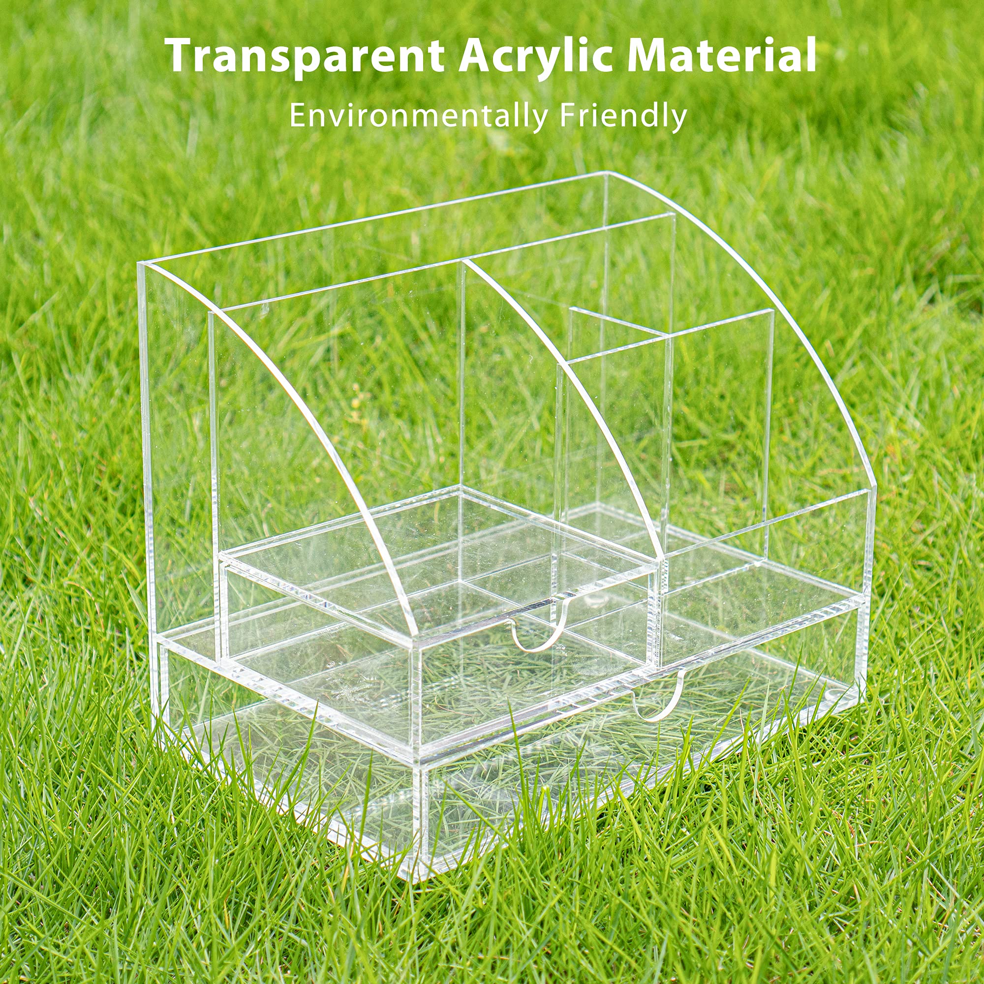 ARCOBIS Clear Acrylic Desk Organizer with 5 Compartments & 2 Sliding Drawers - Office Desktop Storage for Pens, Stationery, Paper Clips - Perfect for Home Office, School, and Workspace Organization