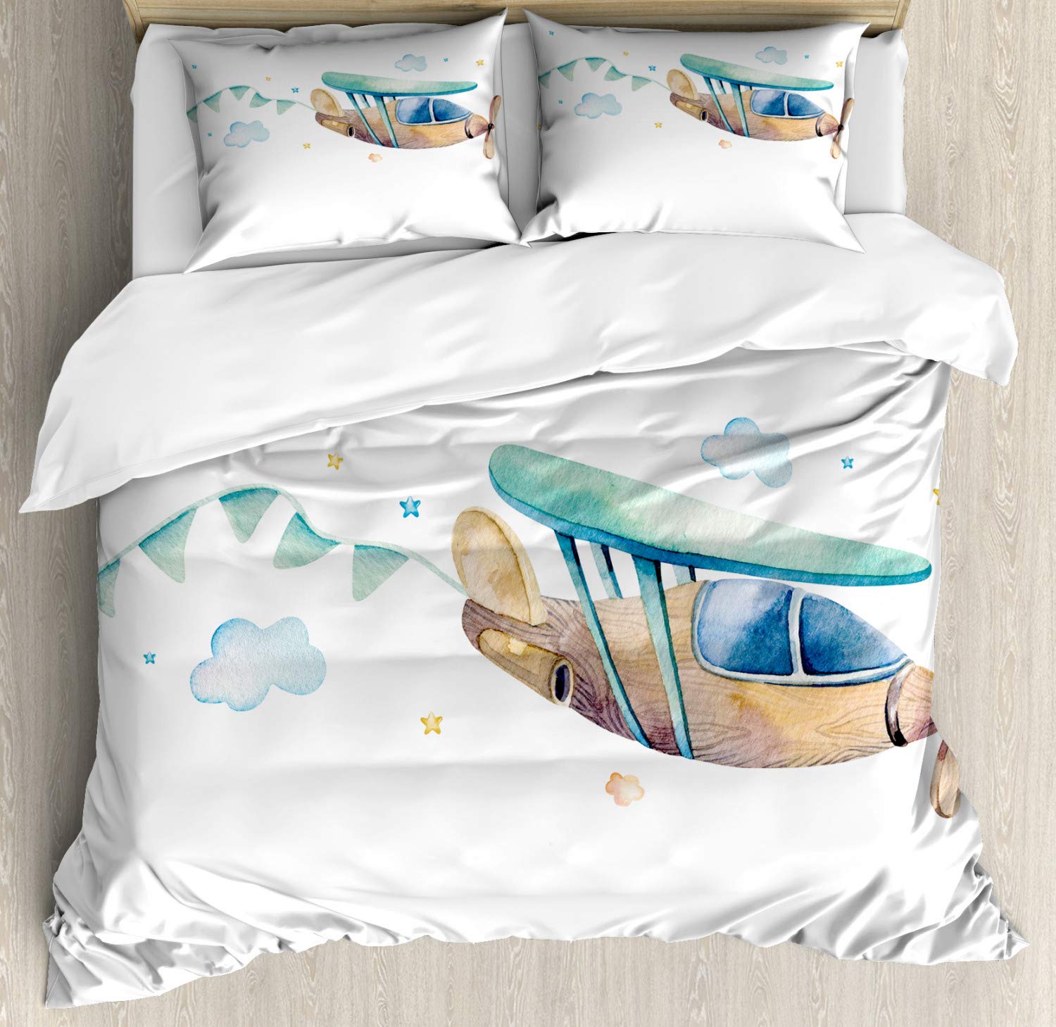 Ambesonne Airplane Clouds & Stars Duvet Cover Set - 3 Piece Queen Size Bedding with 2 Pillow Shams, White & Multicolor Design - Perfect for Travel Themed Bedrooms, Kids Rooms & Airplane Enthusiasts