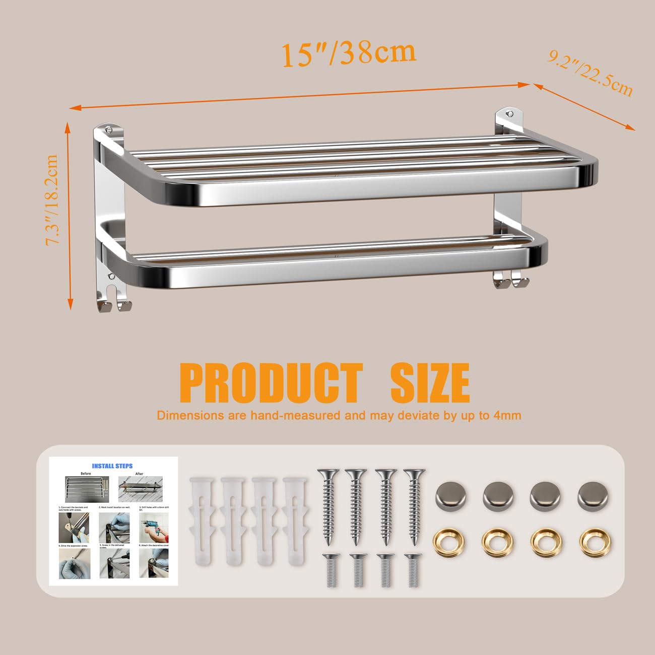 Stainless Steel Bathroom Towel Rack with Double Bars & Hooks - 15 Inch Wall Mounted Shelf for Hotel & Home Bathroom Organization - Perfect for Spa, Guest Rooms & Luxury Bath Decor