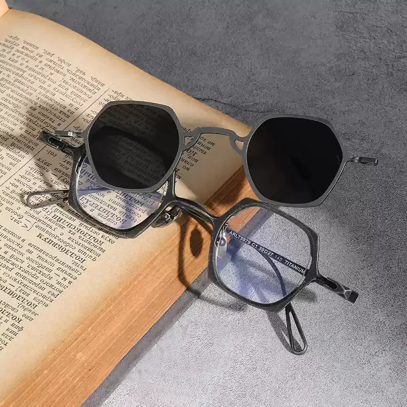Stylish Unisex Black Titanium Frame Polygon Eyeglasses with Clip-On Sunglasses - Perfect for Outdoor Activities, Driving & Fashion Accessories