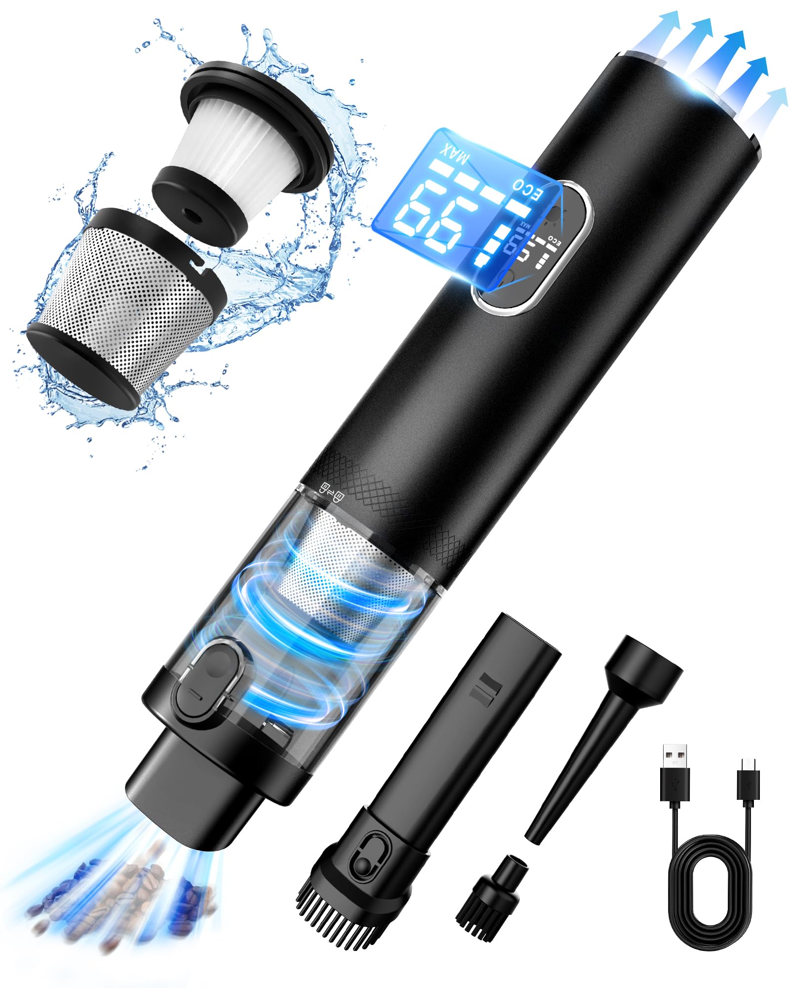 Coransi Cordless Handheld Car Vacuum Cleaner - 16000PA Powerful Suction Rechargeable Hand Vac with Air Duster 2-in-1, Ultra Lightweight Wireless LED Vacuum for Home, Pet Hair, Office & Car Cleaning - Perfect for Upholstery, Carpets and Small Spaces
