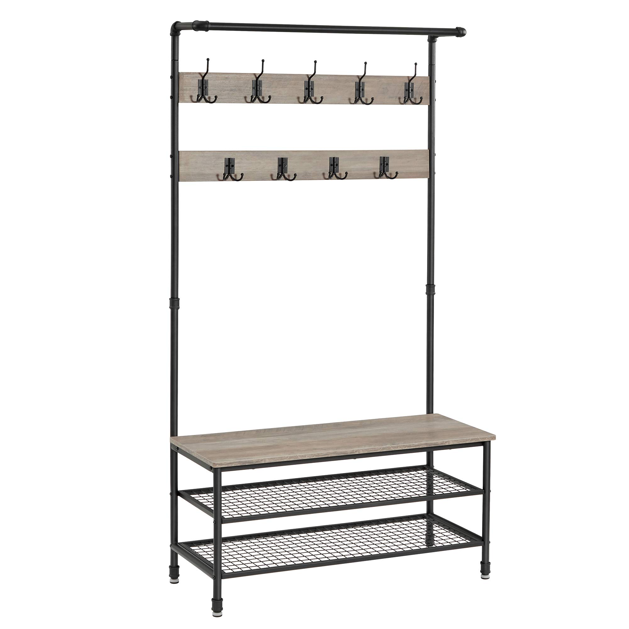 VASAGLE Industrial Coat Rack with Shoe Storage, 9 Hooks & Steel Pipe Frame - 39.4
