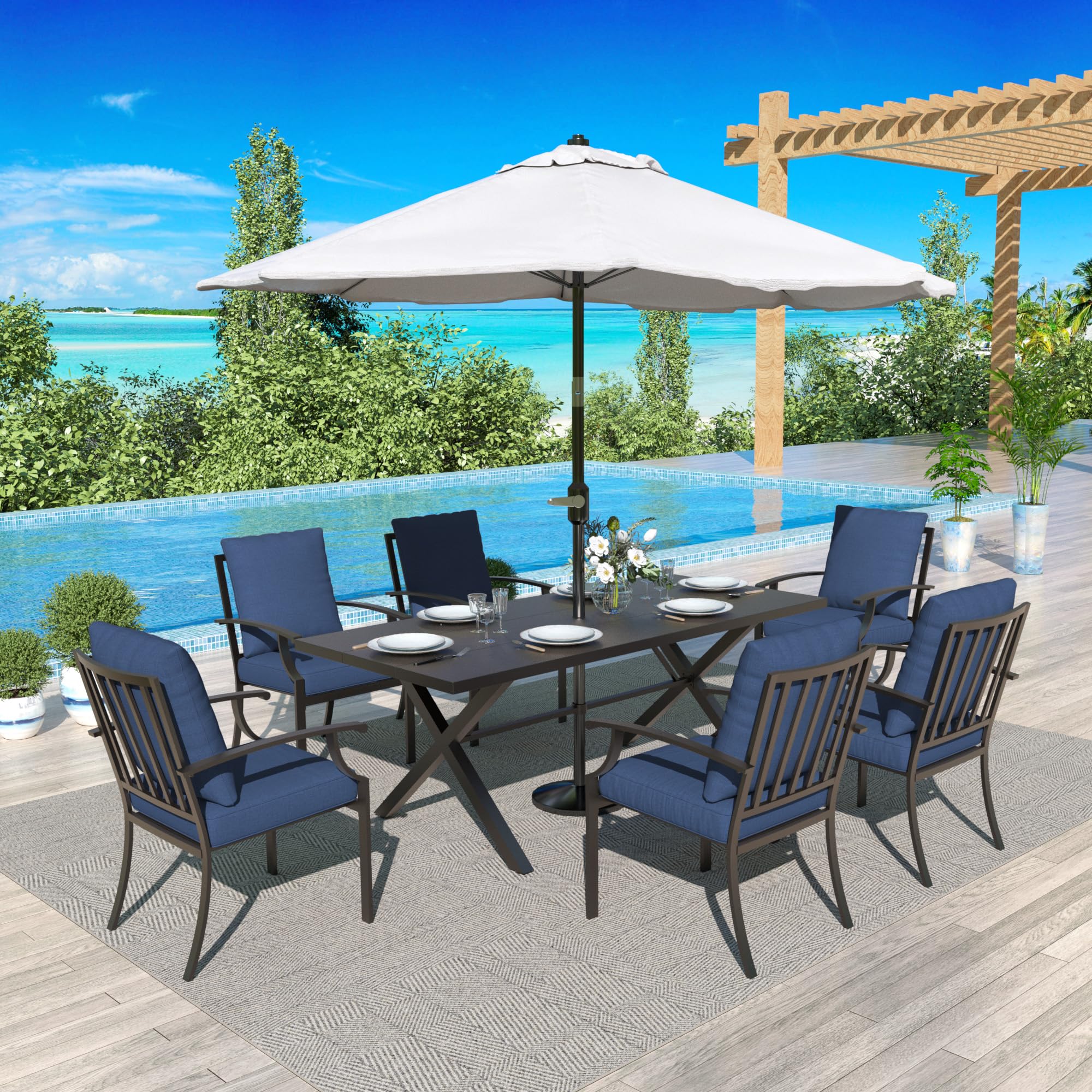 Gotland 7-Piece Outdoor Dining Set for 6 - Rectangular Patio Table with Umbrella Hole & Navy Chairs - Modern Metal Garden Furniture for Backyard, Lawn, Poolside & BBQ Entertaining