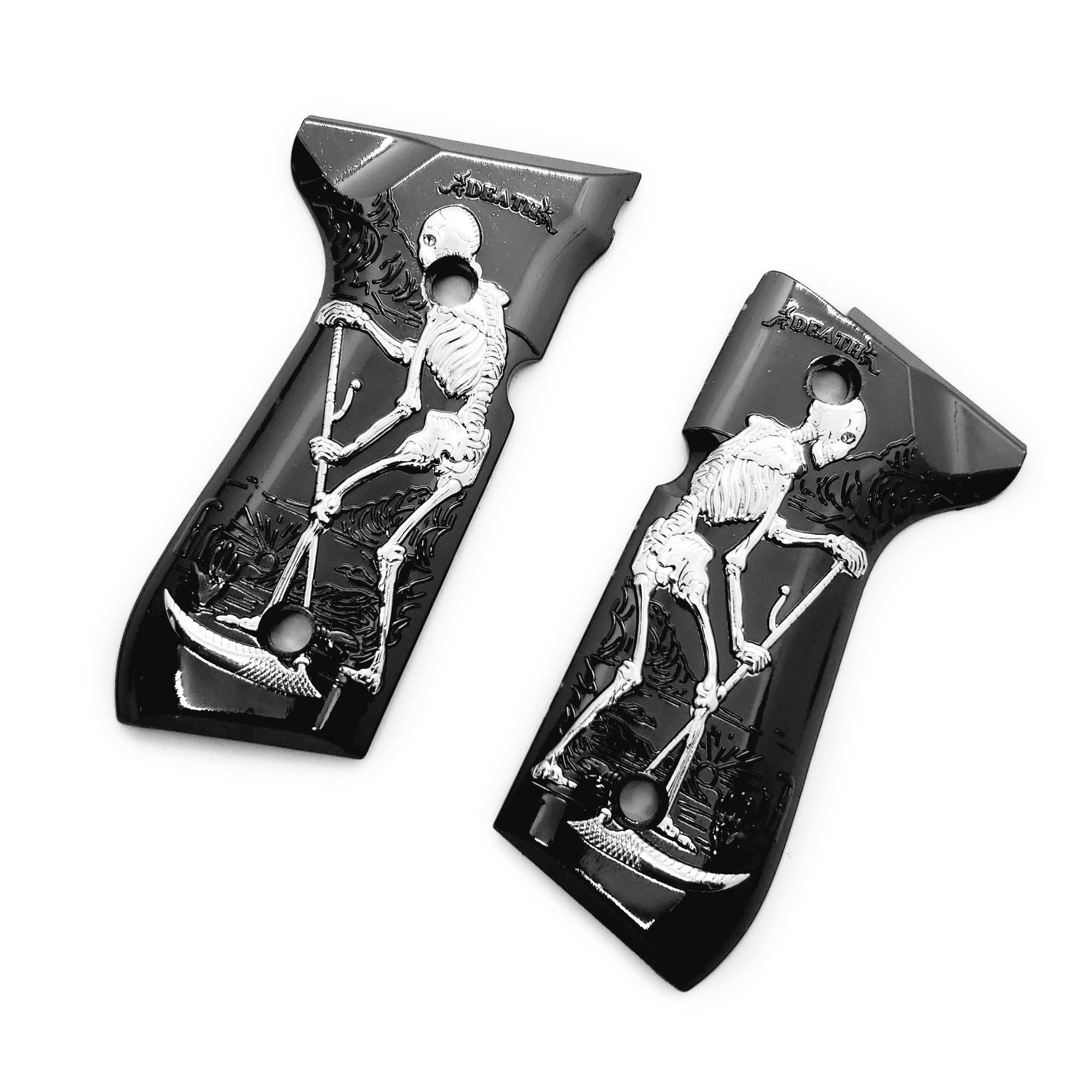 Premium Metal Beretta 92/96 Full Size Grips - Compatible with 92FS, M9, 92A1, 96A1 & INOX Models - Slim Fit Black Nickel Plated Tarot Death Design - Perfect for Competitive Shooting & Concealed Carry