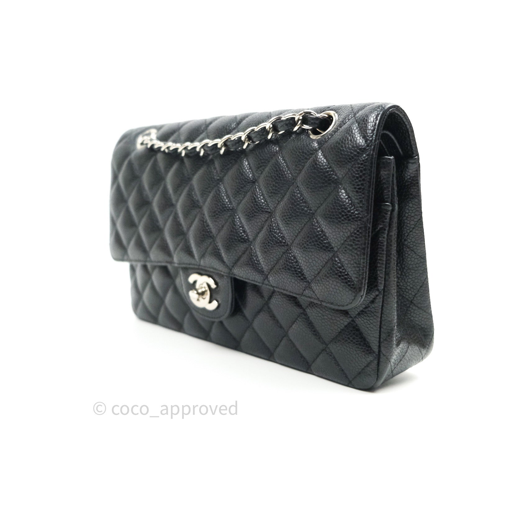 Chanel Classic Medium Double Flap Bag Black Caviar Leather with Silver Hardware - Luxury Shoulder Bag for Women, Perfect for Work, Evening Events & Special Occasions