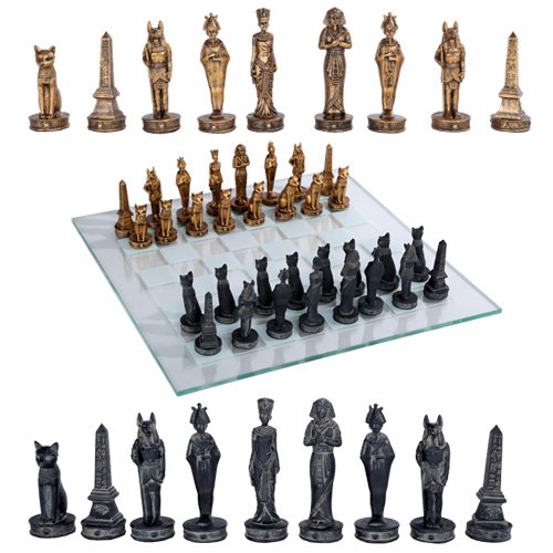 Egyptian Deities Pharaoh King Tut & Nefertiti Resin Chess Set with Glass Board - Ancient Themed Collector's Chess Game for Home Decor, Gifts & Game Nights